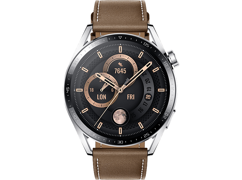 WATCH Smartwatch Edelstahl - 140 mm, Stainless Leather 46mm Steel/Brown GT 3 210 HUAWEI Echtleder,