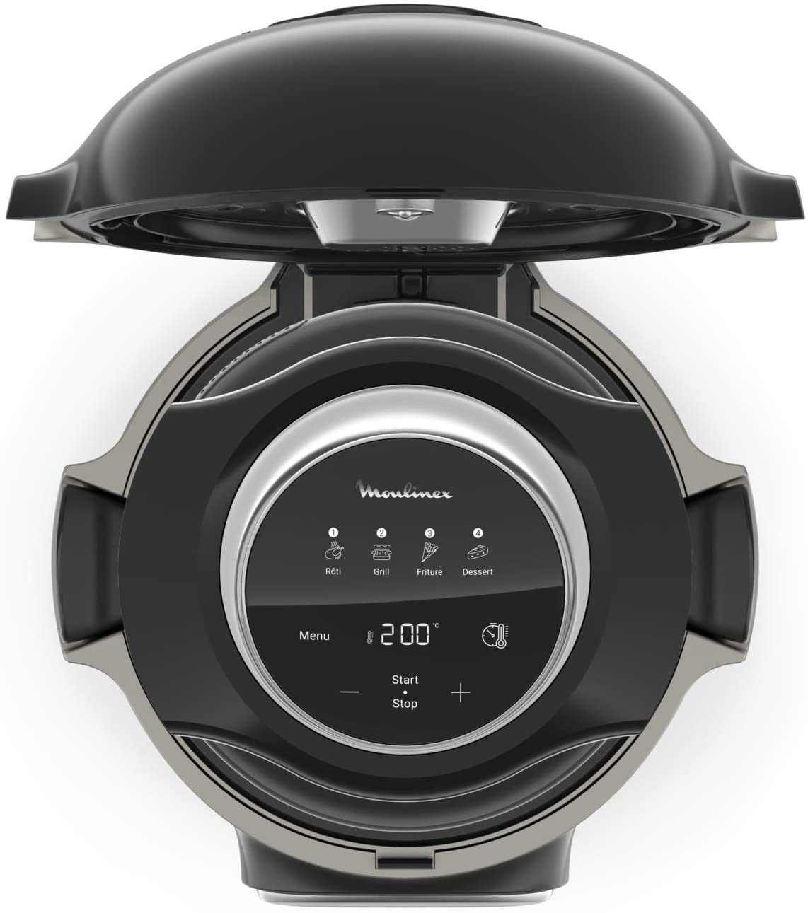 An air fryer's top is open, showing the control panel. It has a digital display and buttons.