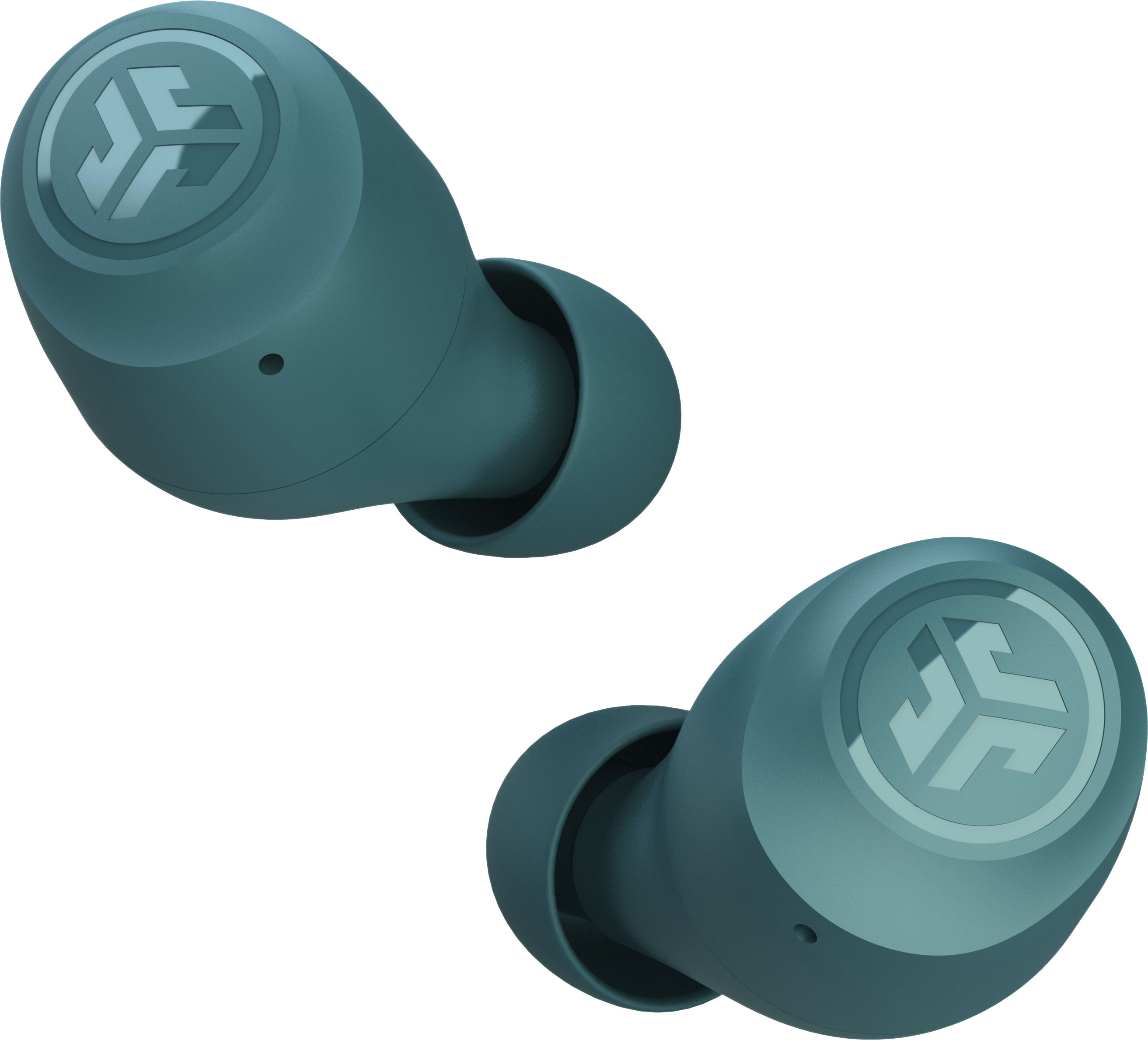 Due auricolari wireless verde acqua con il logo JLab, su sfondo bianco.