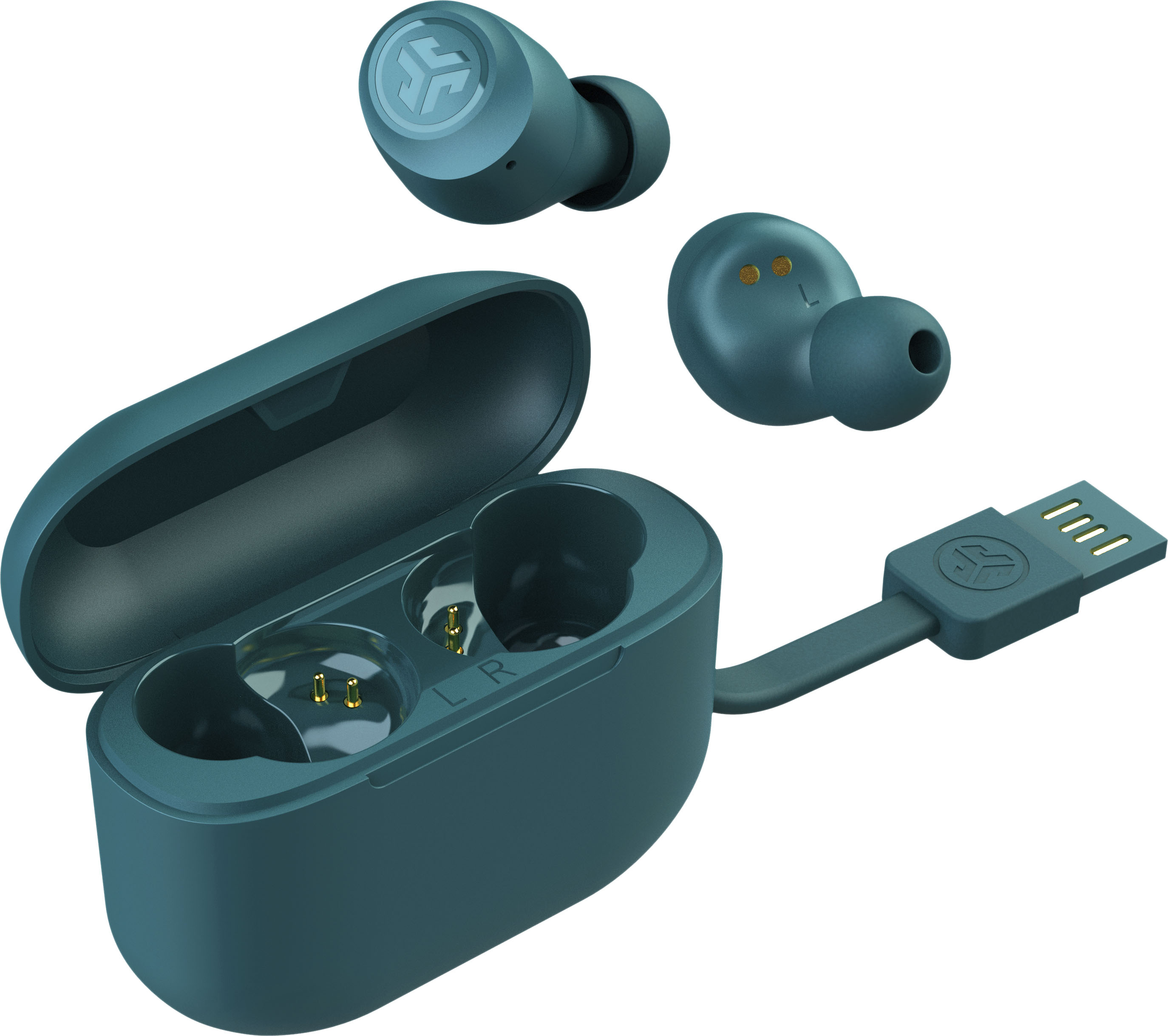 Auricolari wireless turchese, custodia di ricarica e cavo USB. Gli auricolari sono separati e nella custodia.