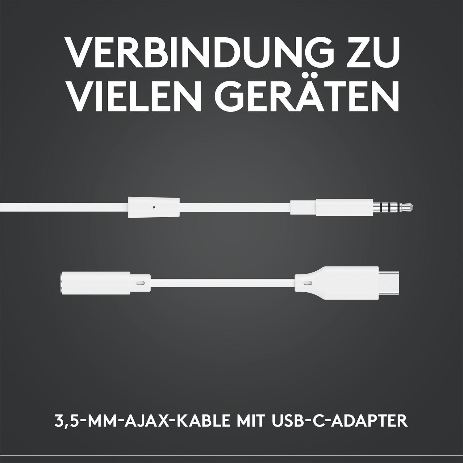 Weißes Kabel mit 3,5-mm- und USB-C-Anschlüssen, Text: Verbindung zu vielen Geräten.