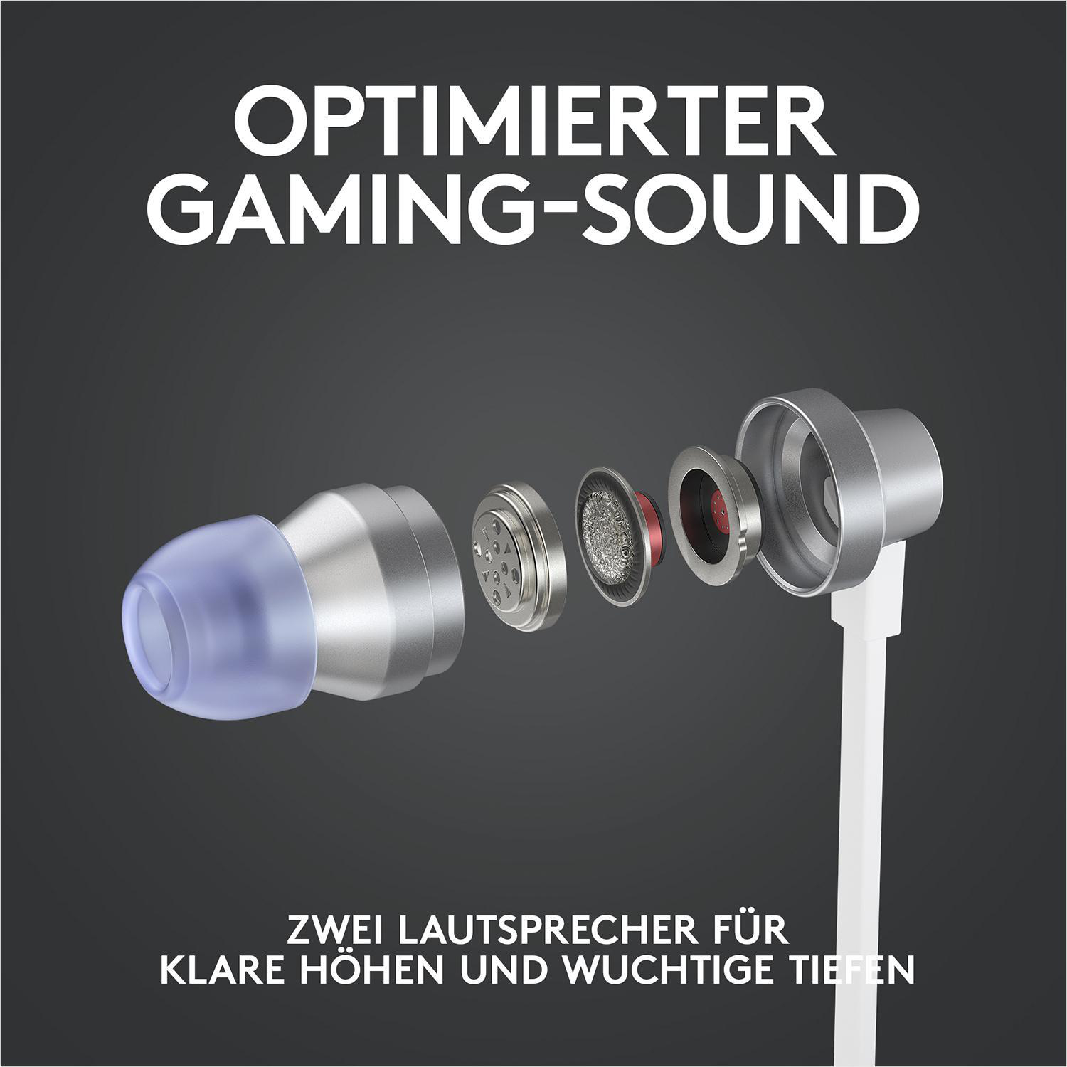 Explosionsansicht von Ohrhörern, Komponenten zeigend. Text: Optimierter Gaming-Sound.