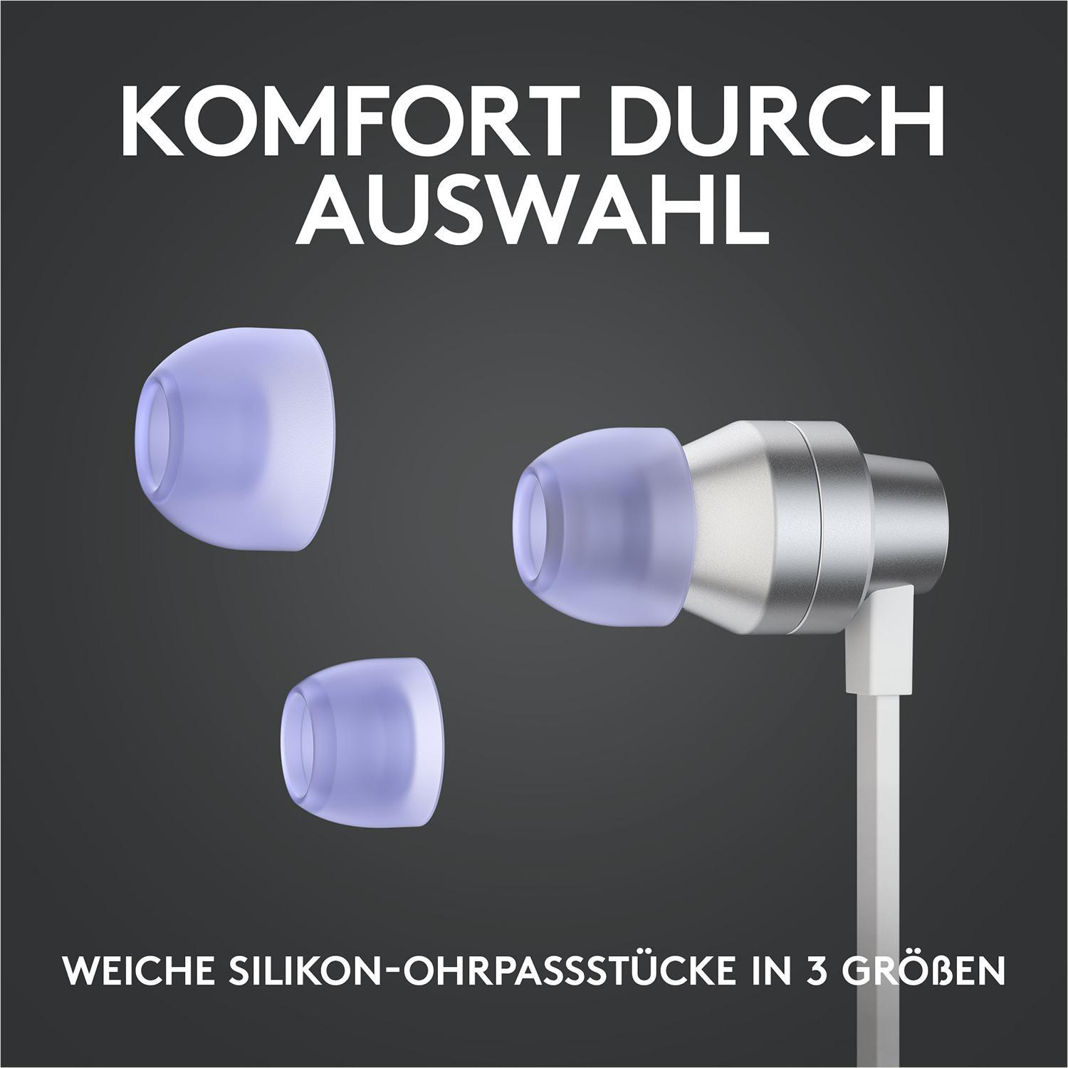 Kopfhörer mit drei weichen, lila Silikon-Ohrstöpseln auf dunkelgrau.