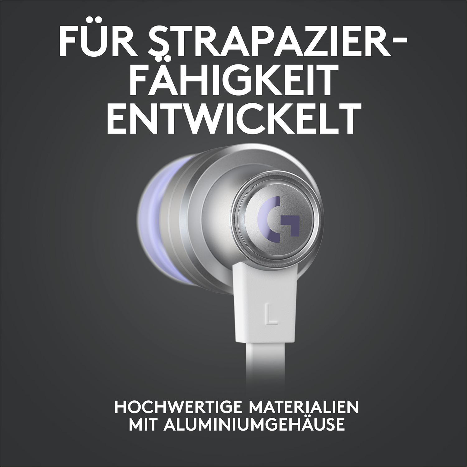 Silberner Ohrhörer mit weißem Stiel, Text oben.