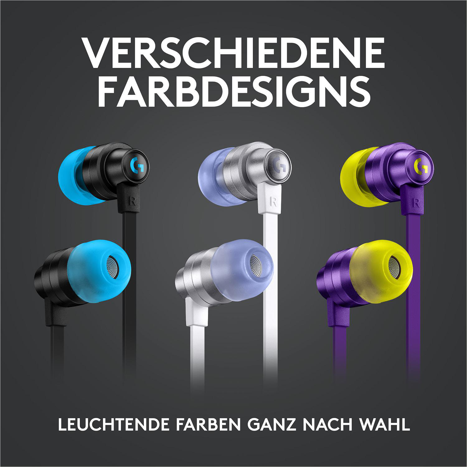 Kopfhörer in verschiedenen Farben. Schwarz, weiß und lila. Dunkler Hintergrund.