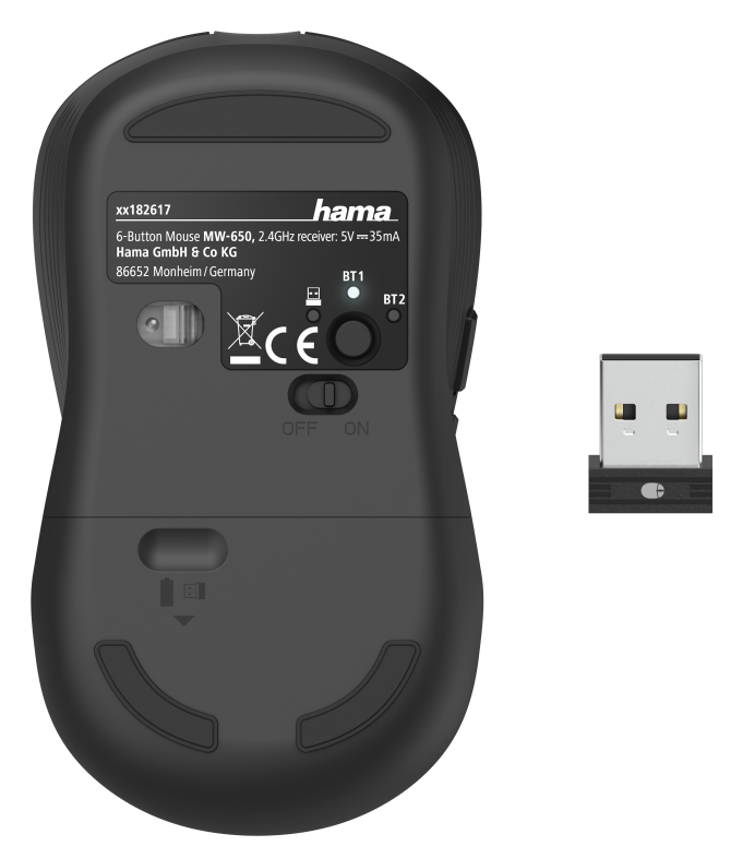 Fekete számítógépes egér alja. Az elemtartót és egy USB vevőt mutatja.