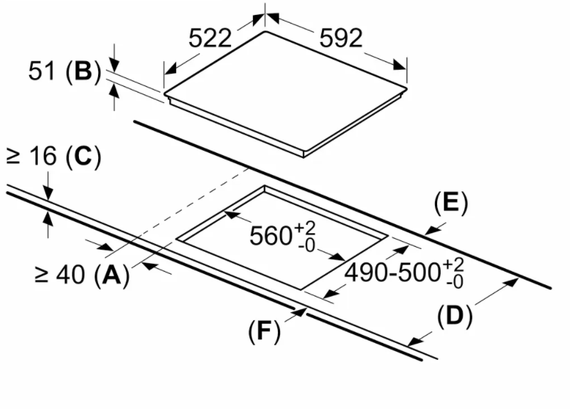 Fekete kerámialapos főzőlap diagramja méretekkel és címkékkel a telepítéshez és egy négyzet alakú tetővel.