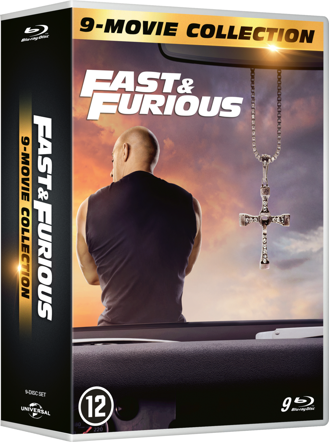 Pochette DVD de Fast & Furious 9-Movie Collection. Un homme est vu de dos. Un collier avec une croix est visible.