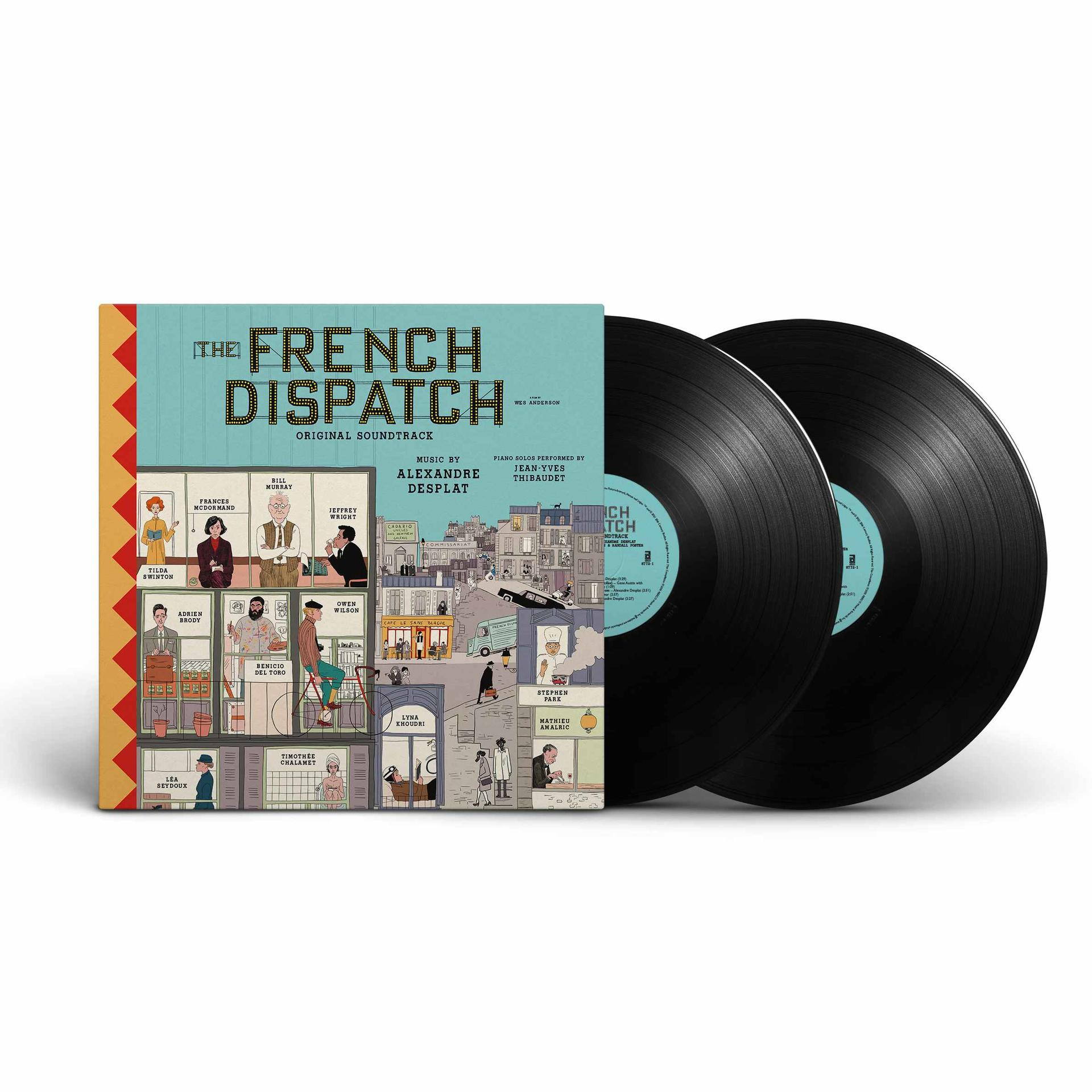 Vinyl-Schallplattenset mit dem Albumcover von 'The French Dispatch'. Zwei schwarze Platten rechts.