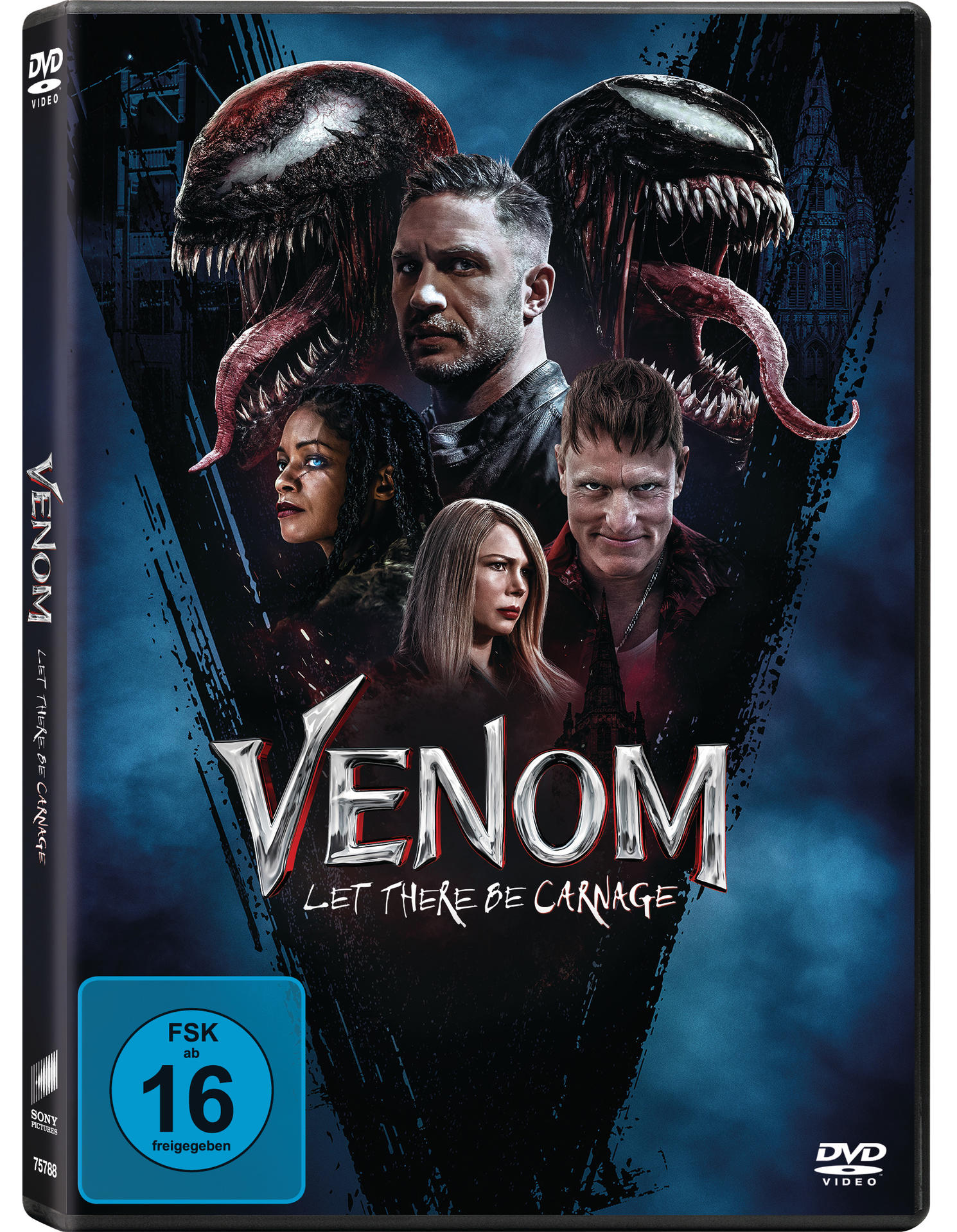 Filmcover, 'Venom: Let There Be Carnage'. Gesichter der Schauspieler, Titeltext und blauer Hintergrund.
