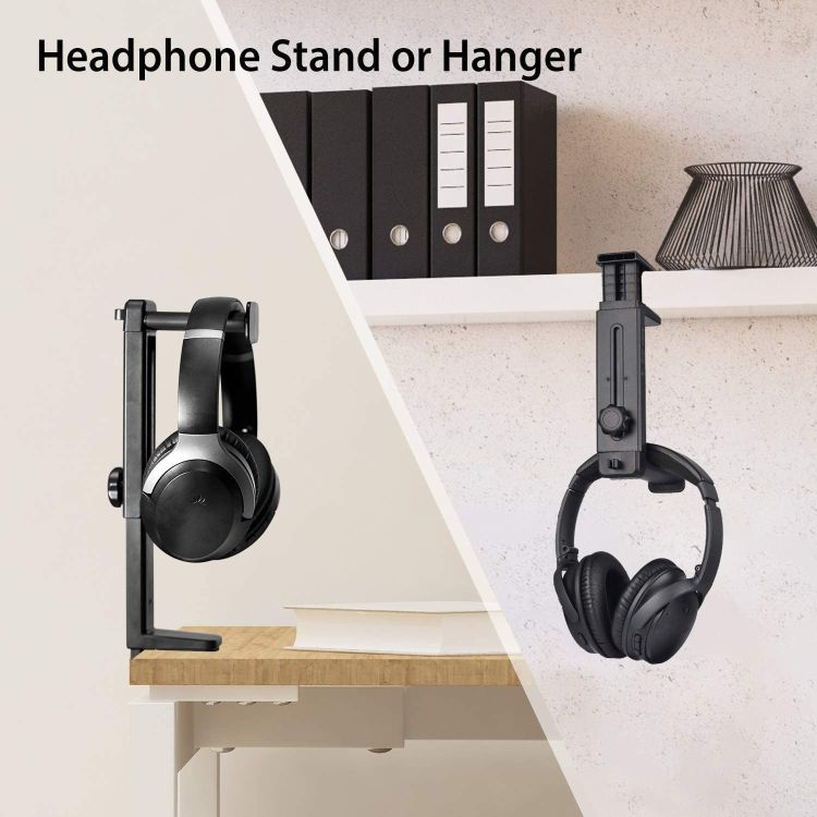 Support ou cintre pour casque, avec casque. Un sur un bureau, un sur une étagère, noir.
