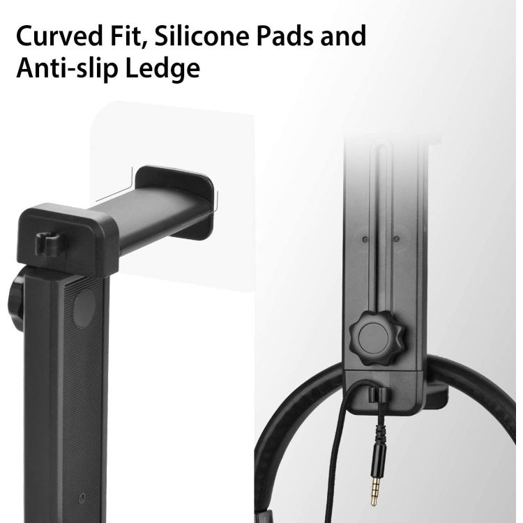 Support noir avec un support de téléphone. Le support de téléphone est transparent. Texte : Curved Fit...