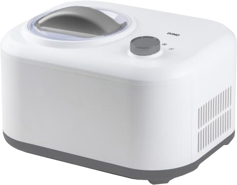 Witte en grijze ijsmachine. Hij heeft een handvat en een bedieningsknop. Het woord DOMO is zichtbaar.