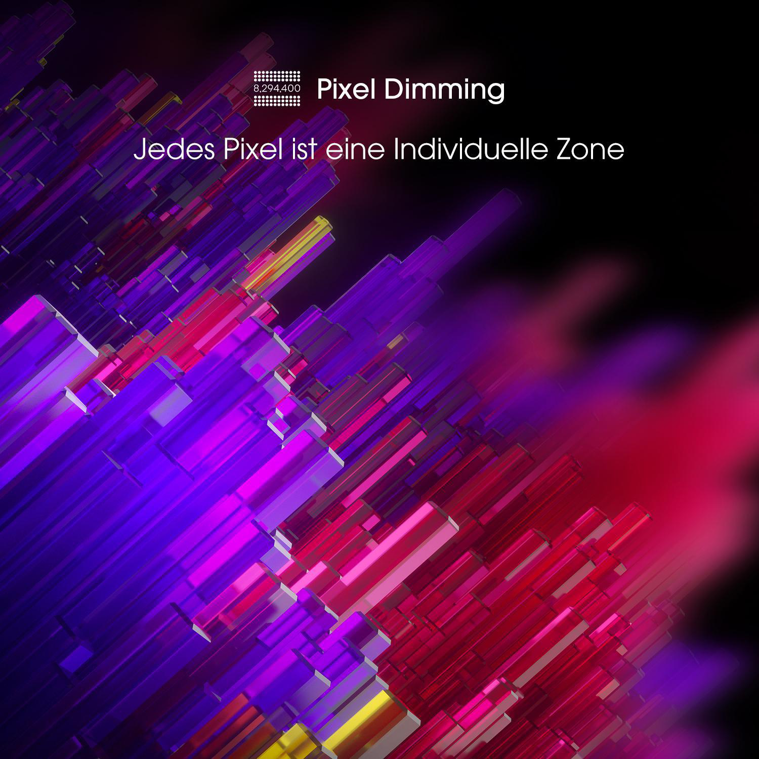 Abstraktes Bild mit bunten Blöcken und dem Text 'Pixel Dimming'.