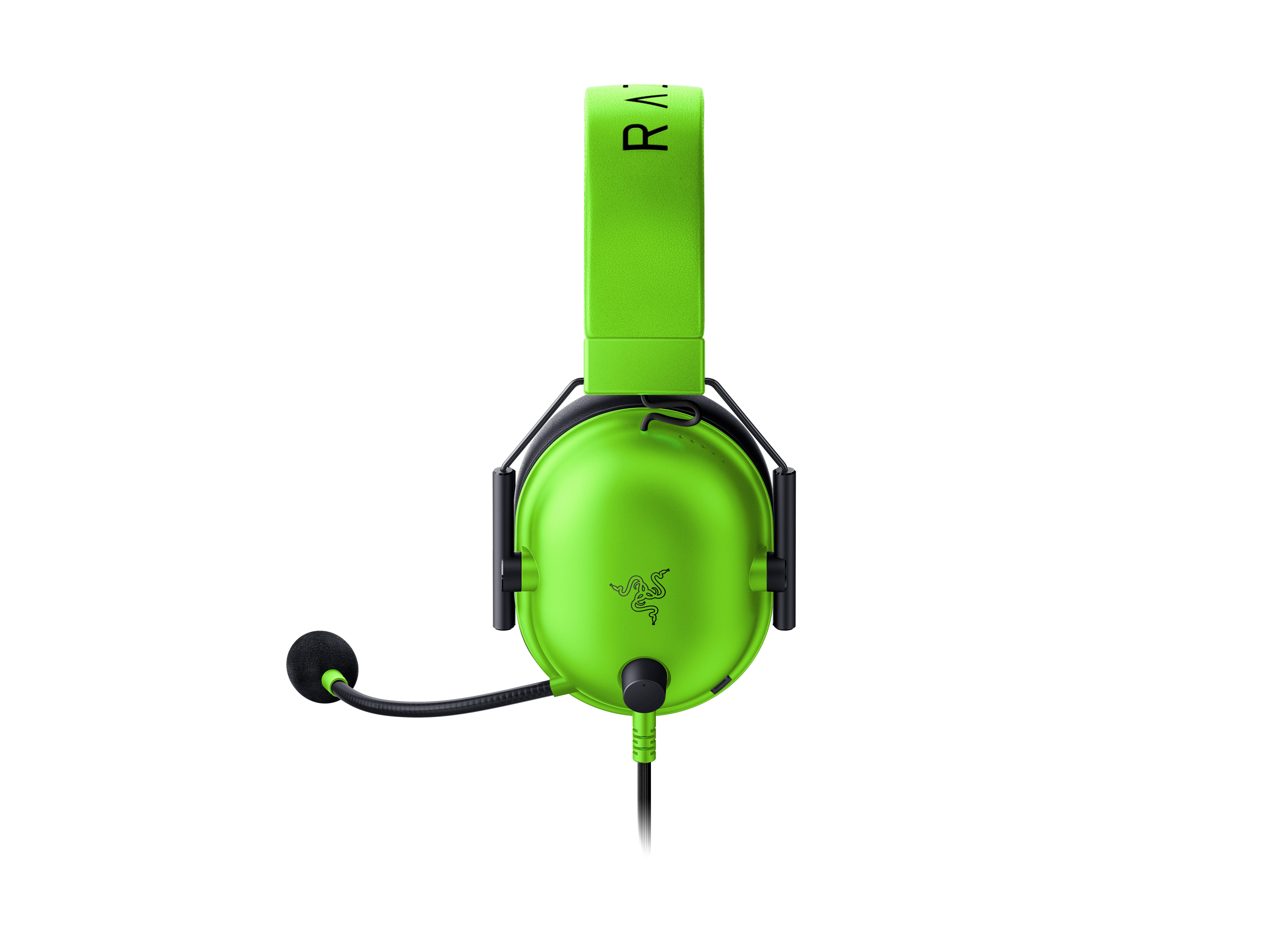 Heller grüner Gaming-Kopfhörer auf weißem Hintergrund. Mikrofon und Razer-Logo.