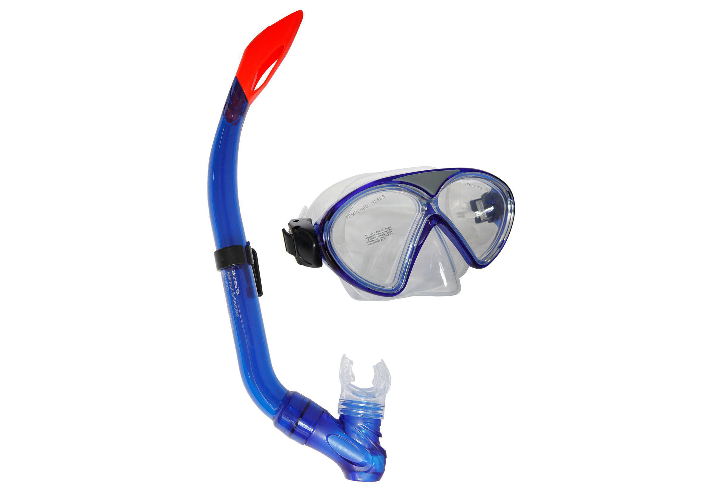 Schnorchel und Maske zum Schwimmen. Der Schnorchel ist blau und die Maske ist klar.