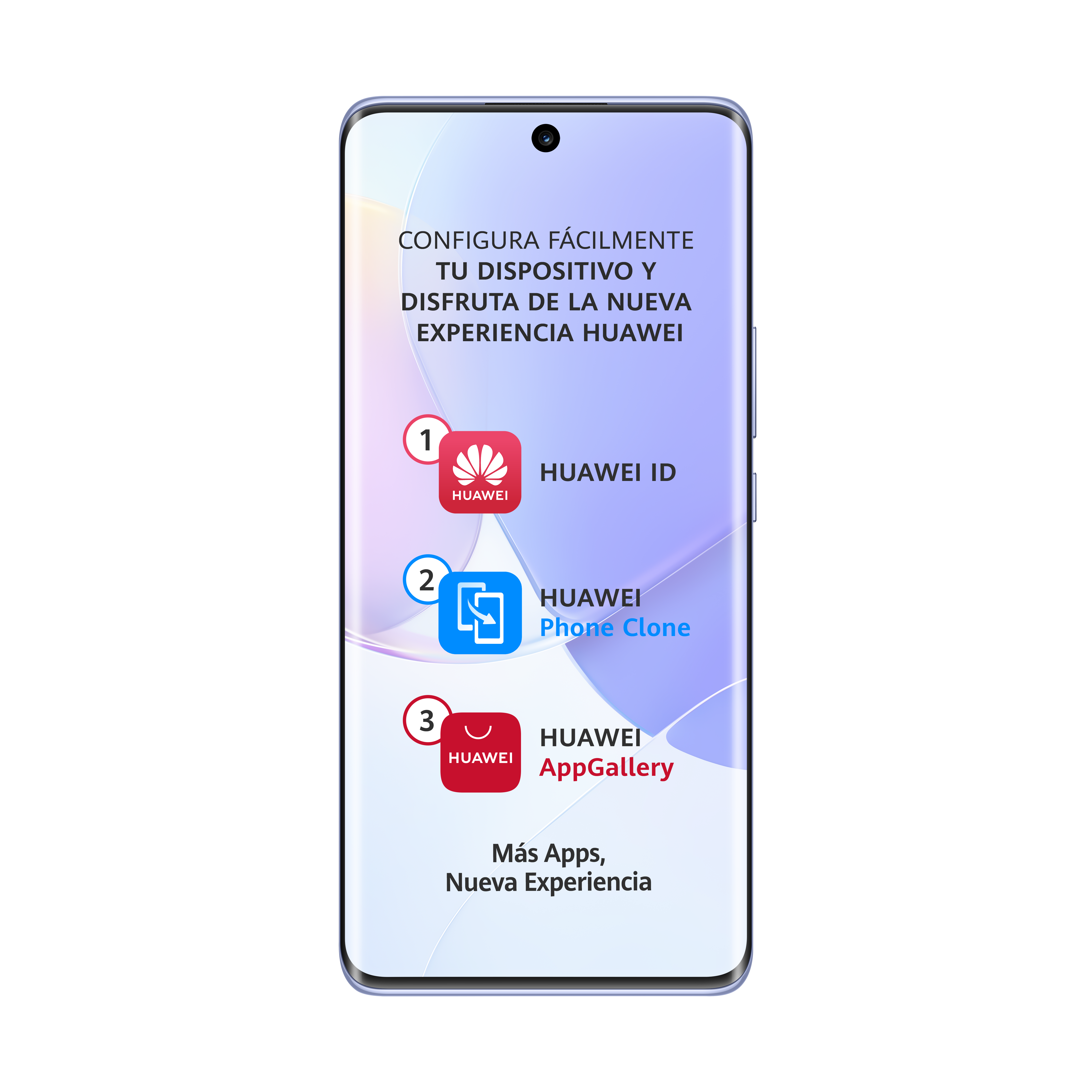 Pantalla de smartphone mostrando opciones de aplicaciones. Teléfono blanco sobre fondo oscuro, texto español.