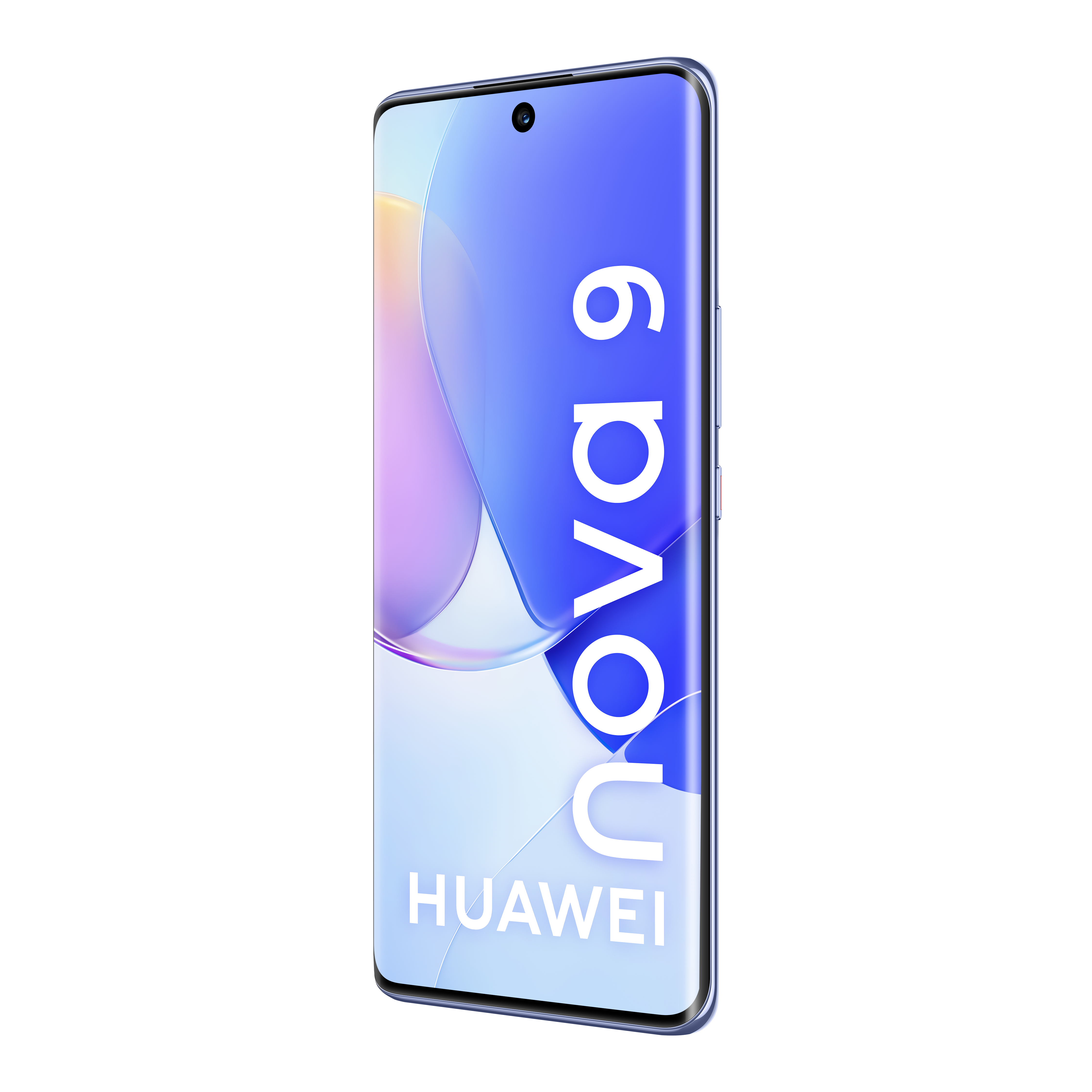Un smartphone moderno. El teléfono es azul con las palabras "Nova 9" y "Huawei" visibles. Fondo negro.