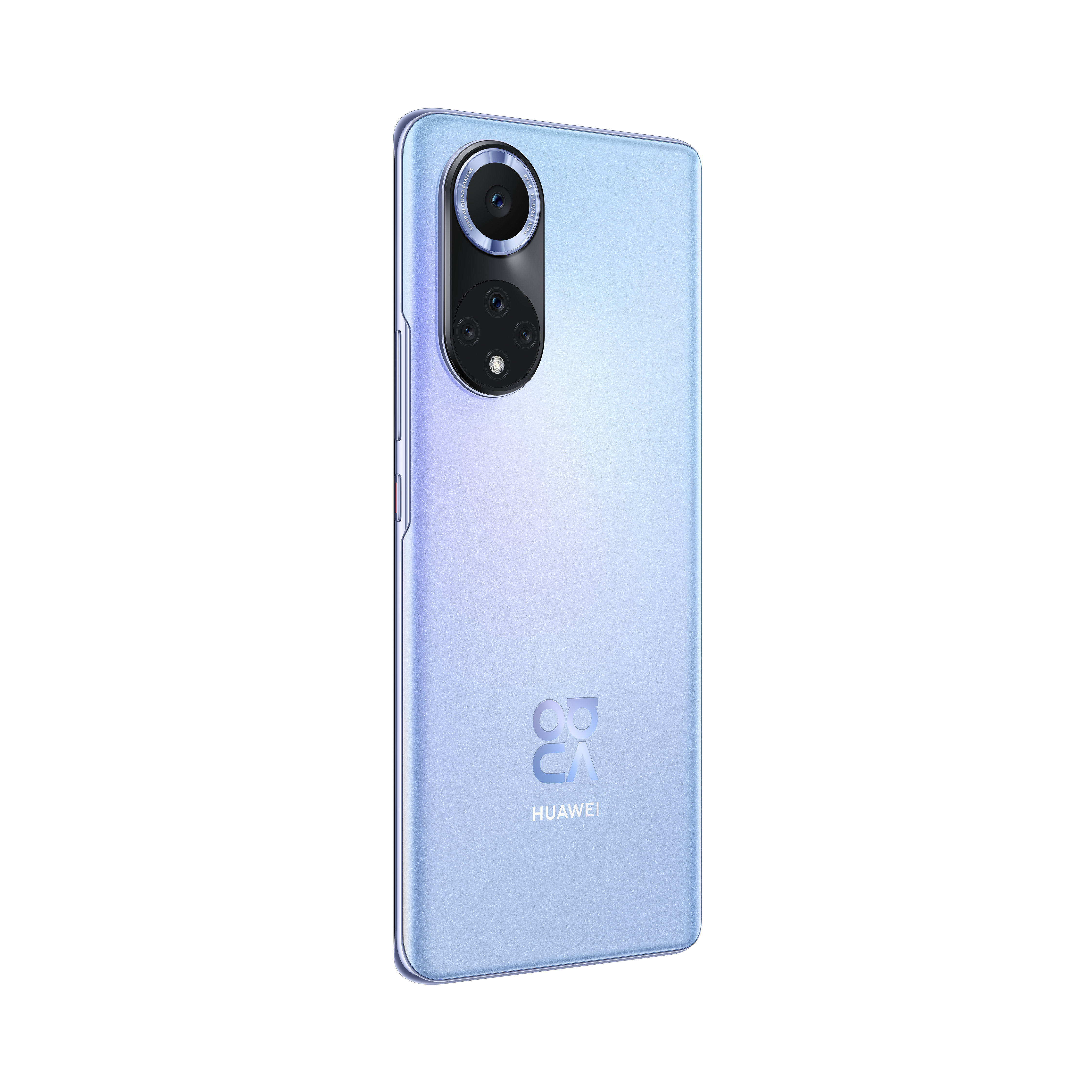 La parte trasera de un teléfono inteligente azul claro con un módulo de cámara y el logotipo de Huawei. Aislado en negro.