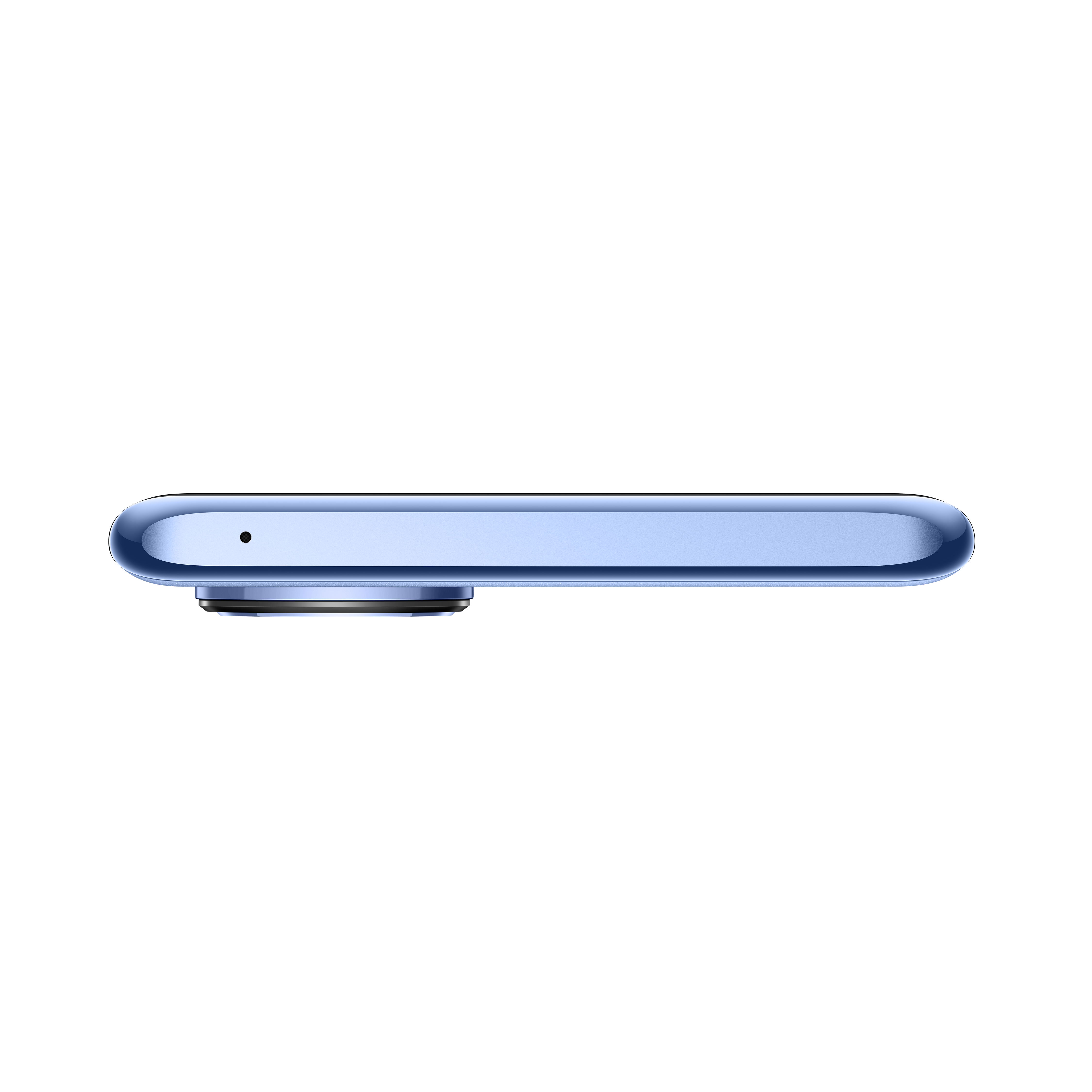 Vista lateral de un smartphone azul con cámara, sobre fondo negro. El teléfono es elegante.