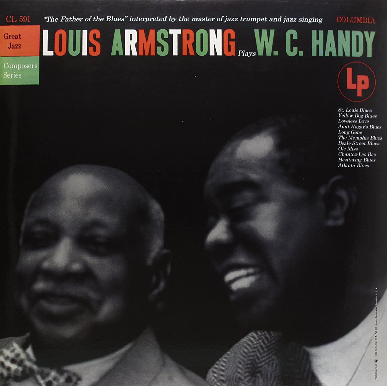 Louis Armstrong album borítója. Két férfi arcát, a dalok címét, és az LP logót tartalmazza. Fekete-fehér.