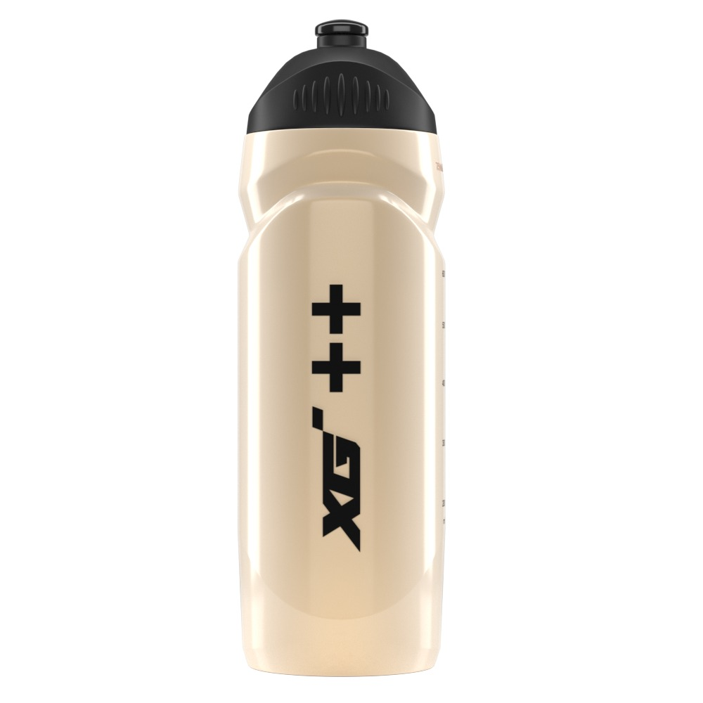Eine beige Wasserflasche mit schwarzen Grafiken und einem schwarzen Deckel. Weißer Hintergrund.