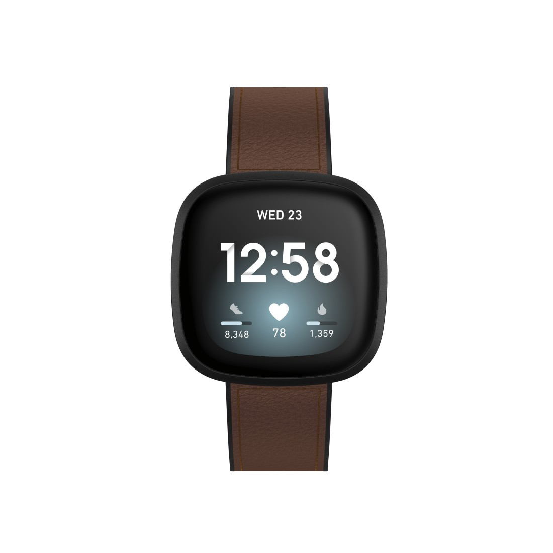 Smartwatch mit braunem Armband. Schwarzes Display zeigt Zeit, Schritte, Herzfrequenz und Kalorien. Weißer Hintergrund.