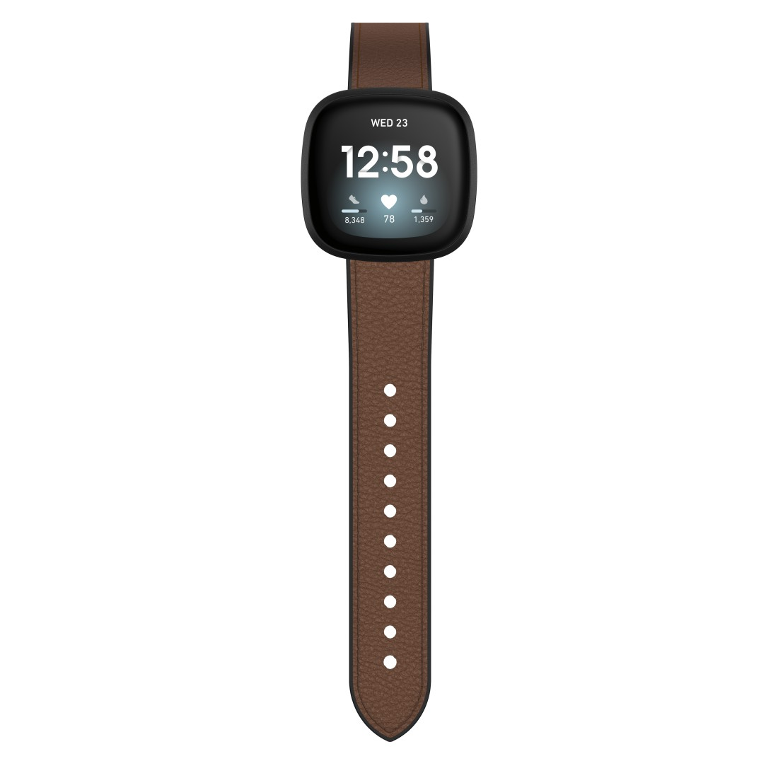 Eine braune Leder-Smartwatch mit schwarzem quadratischem Zifferblatt, zeigt Zeit und Daten.