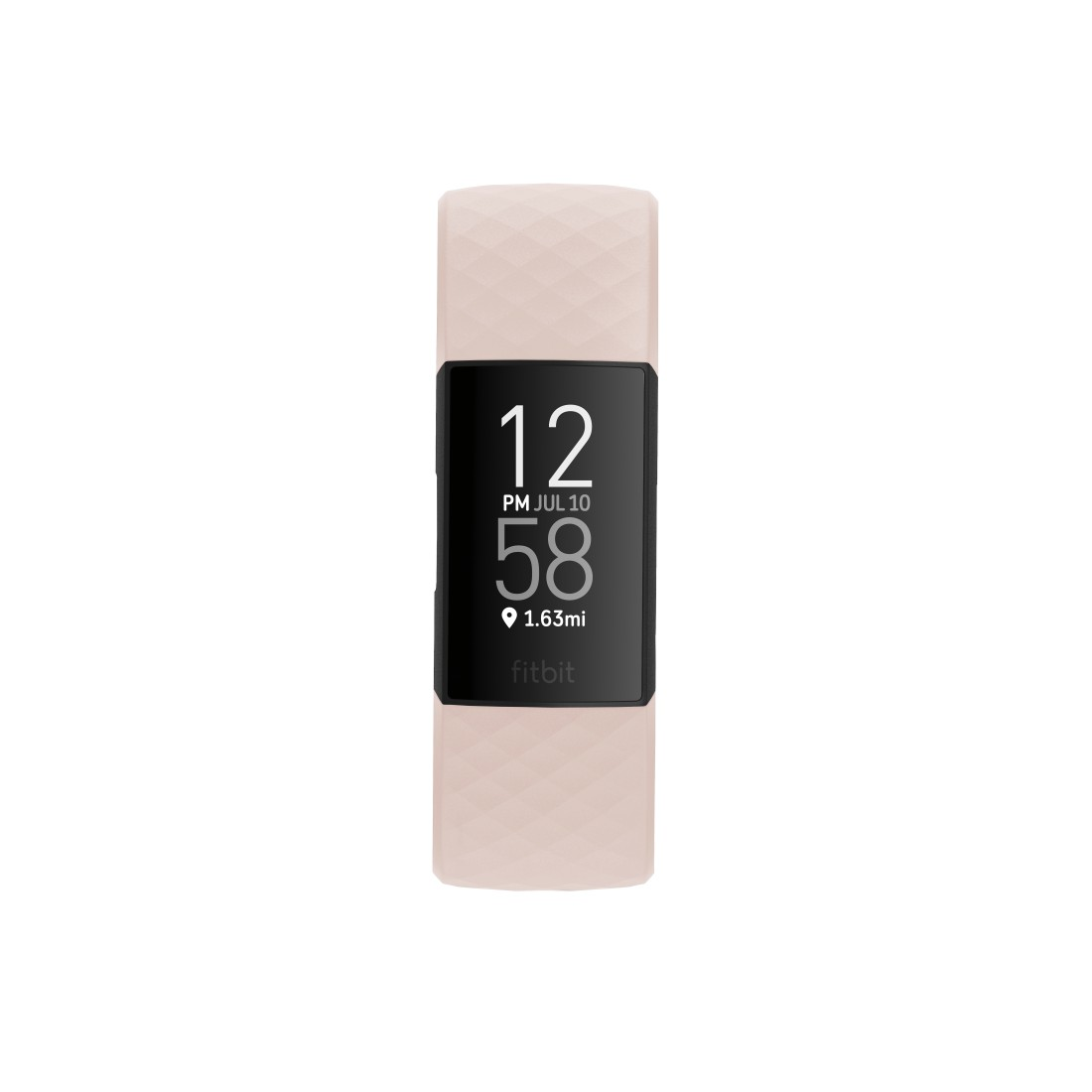 Ein rosa Fitbit-Fitness-Tracker mit schwarzem Bildschirm, der Zeit und Statistiken anzeigt.