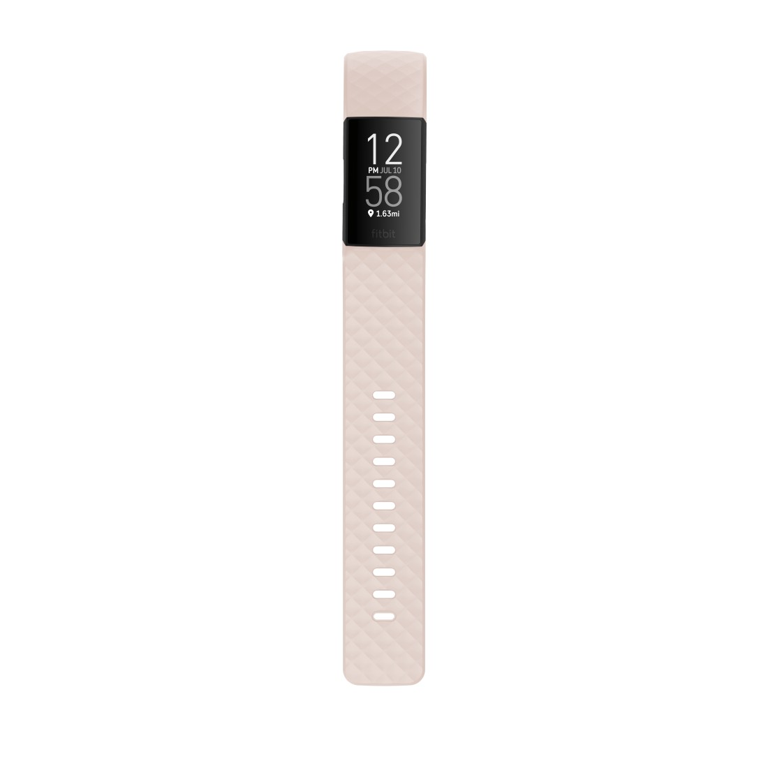 Eine rosa Fitbit-Uhr mit strukturiertem Armband zeigt Zeit und Datum an.