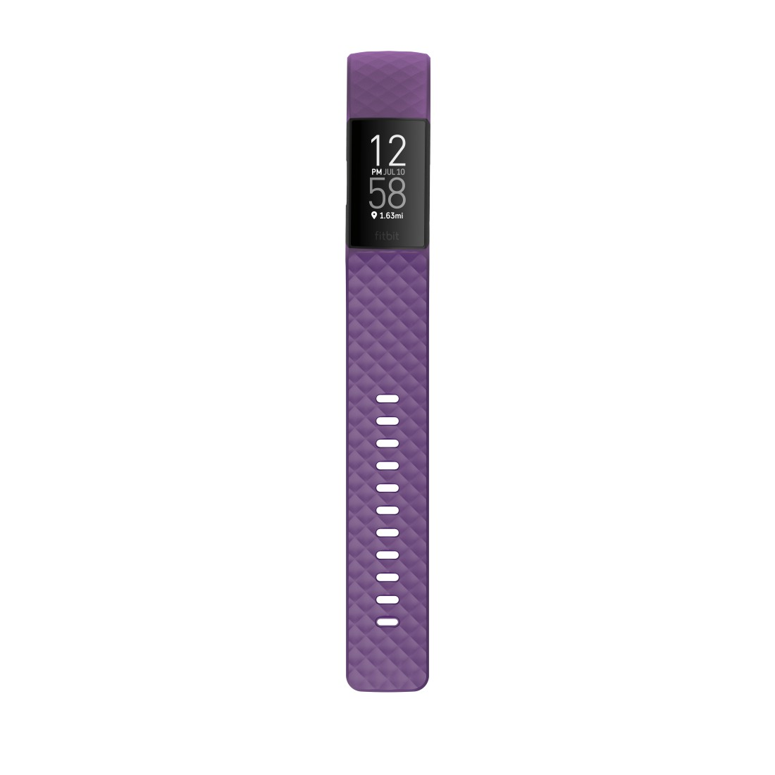 Lila Fitbit Fitness-Tracker am Handgelenk, zeigt Zeit und Statistiken.