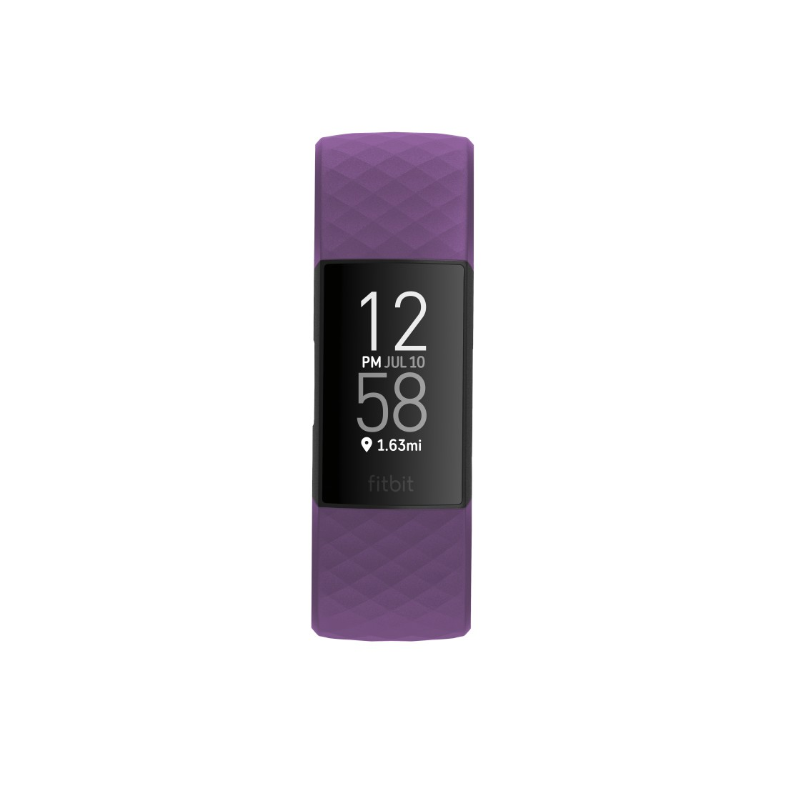 Lila Fitness-Tracker mit schwarzem Bildschirm, der Zeit und Distanz anzeigt. Weißer Hintergrund.