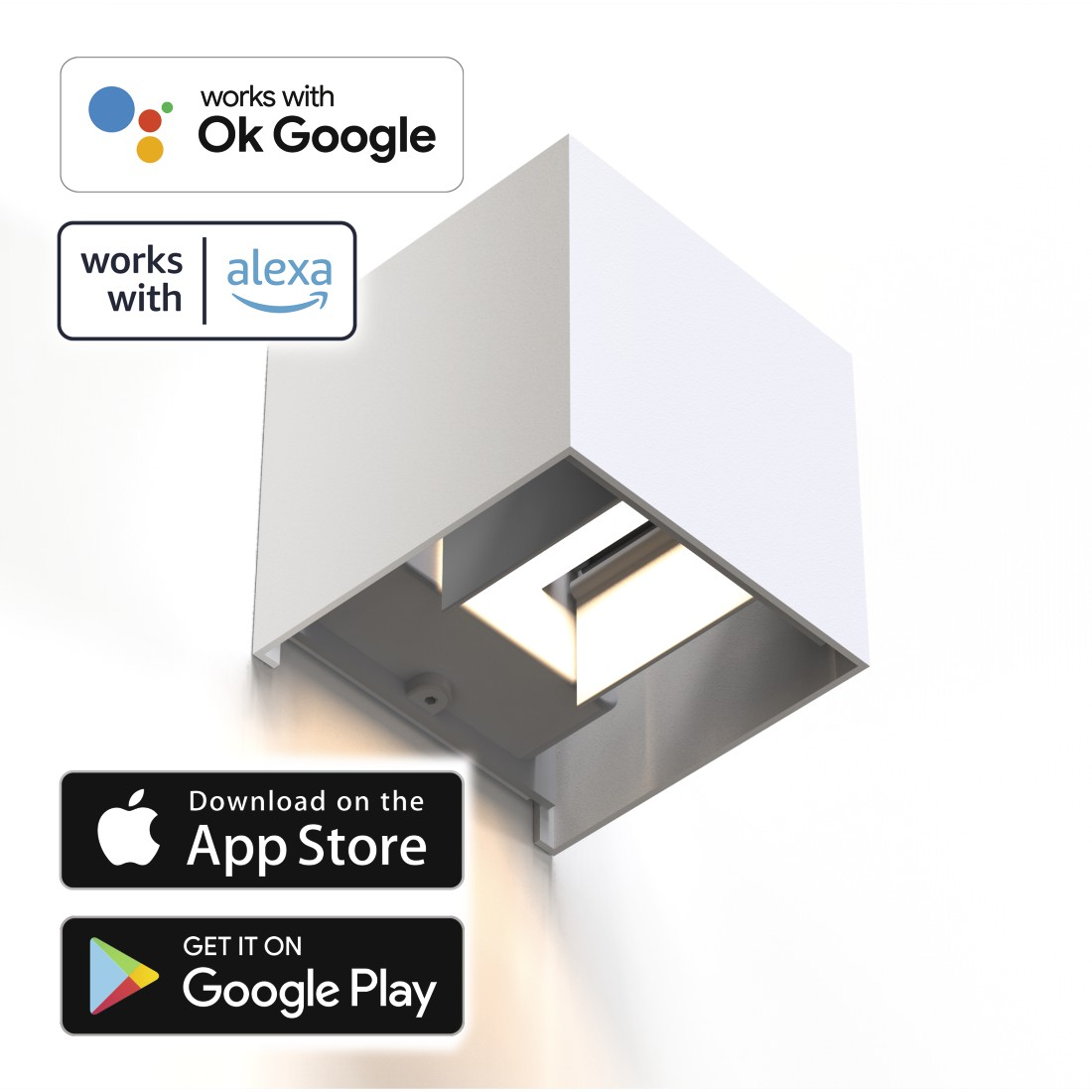 Weiße Smart-Home-Leuchte mit kantigem Design und Branding.