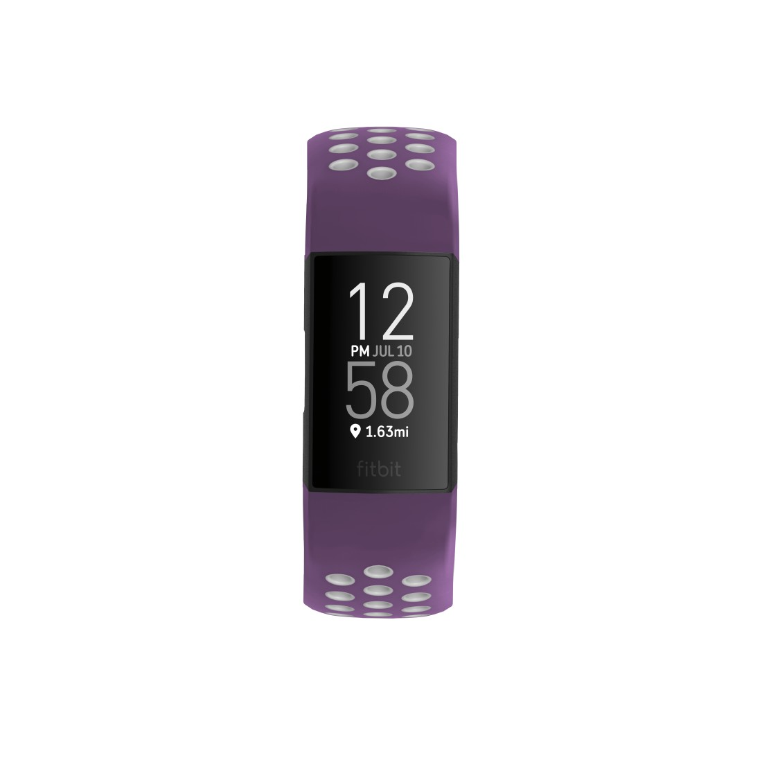 Lila Fitbit mit einem schwarzen Bildschirm, der die Uhrzeit anzeigt.