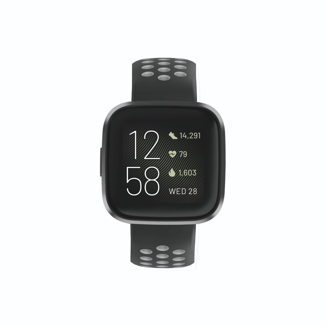 Eine schwarze Smartwatch mit quadratischem Zifferblatt, das Zeit- und Aktivitätsmetriken anzeigt, mit schwarzem Armband.