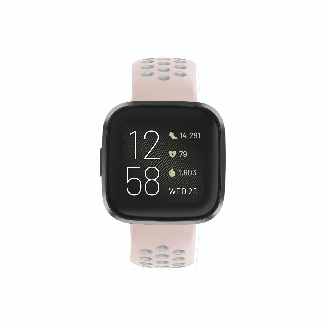 Pinkfarbene Fitbit Smartwatch zeigt Zeit und Statistiken mit pinkfarbenem Armband.