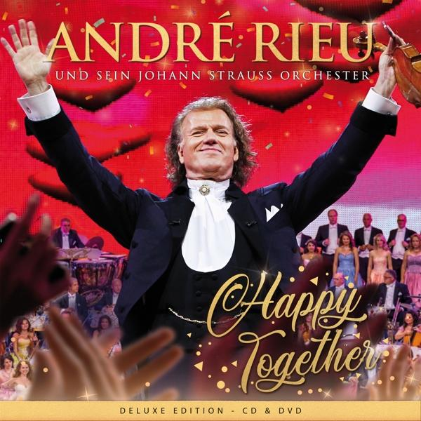 CD-hoes: Man met opgeheven armen, orkest, rode achtergrond, titel 'Happy Together'.