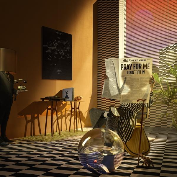 Een kamer met een man die een krant leest. Een lamp, tafel en globe zijn ook in de kamer.