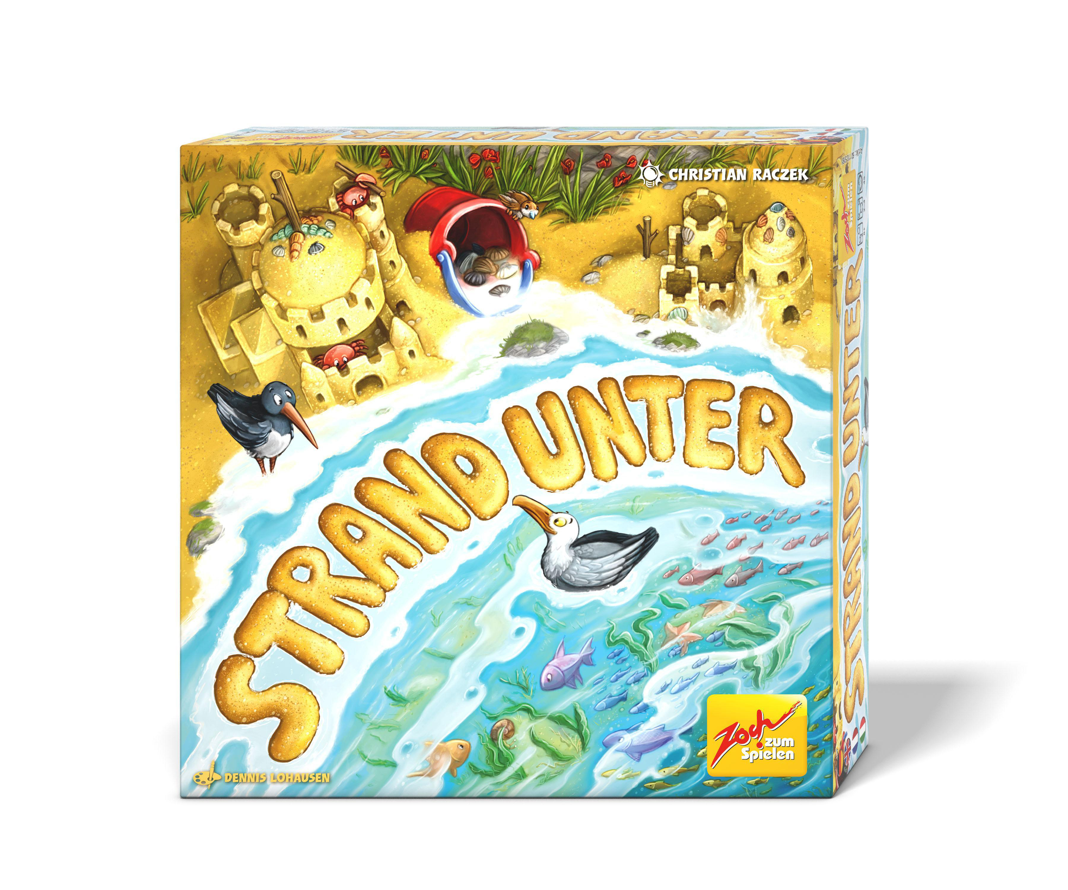 Schachtelkunst für ein Strand-Brettspiel: Sandburgen, Meer und eine Möwe.