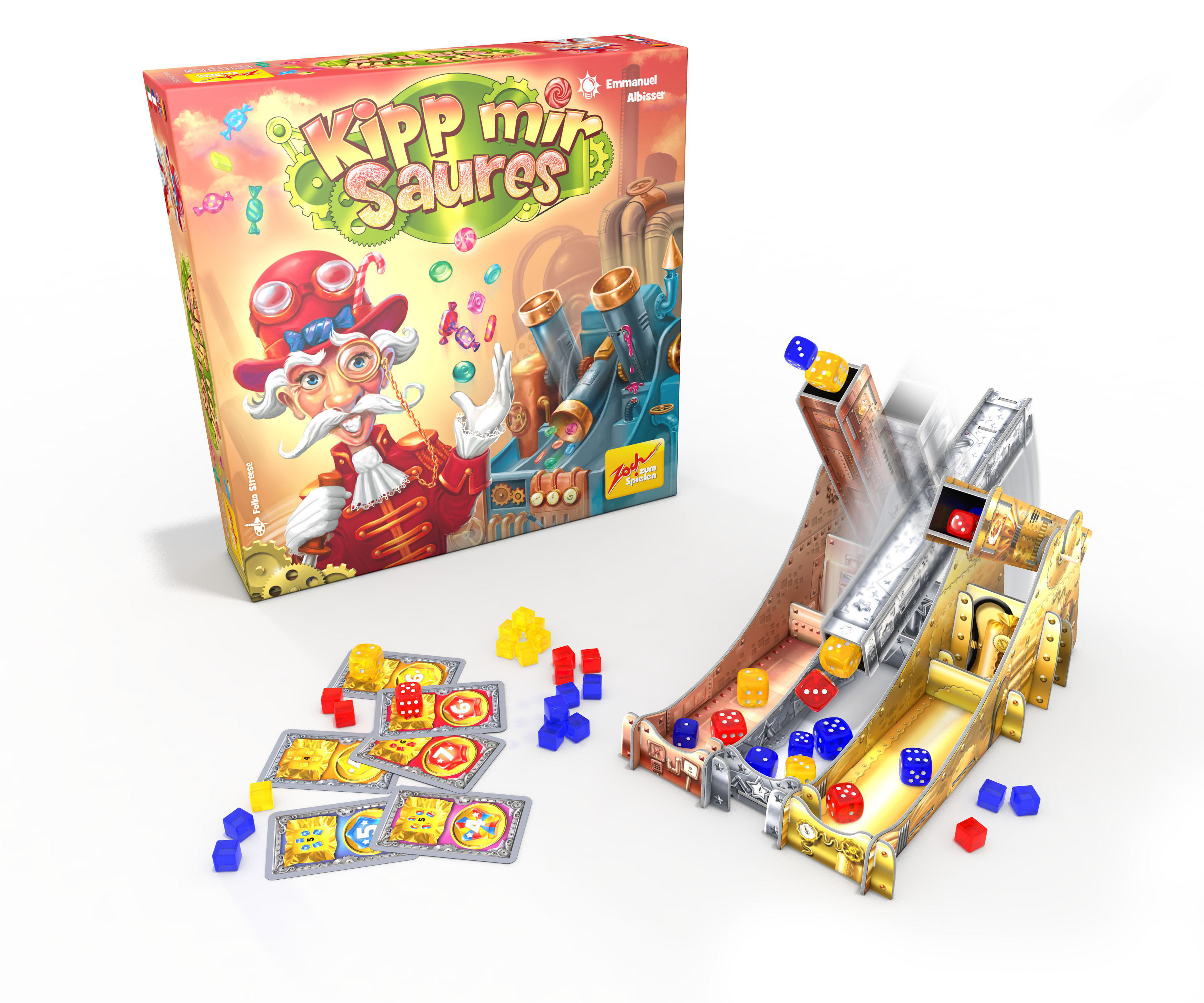 Ein Brettspielkarton und Spielsteine. Der Spielname lautet „Kipp mir Saures“.