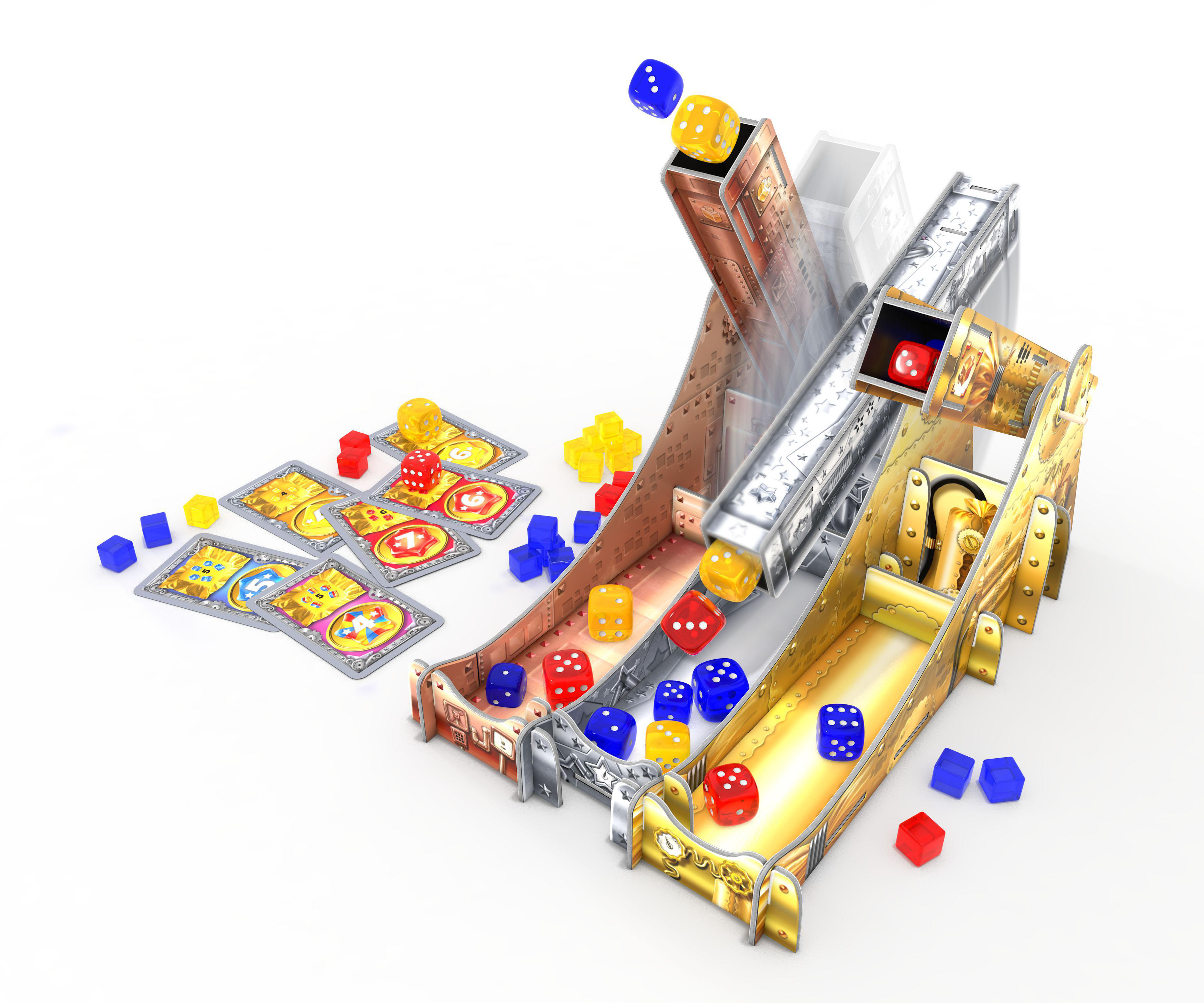 Brettspiel mit Würfeln, die Rutschen hinunterrollen. Karten und Würfel sind sichtbar.
