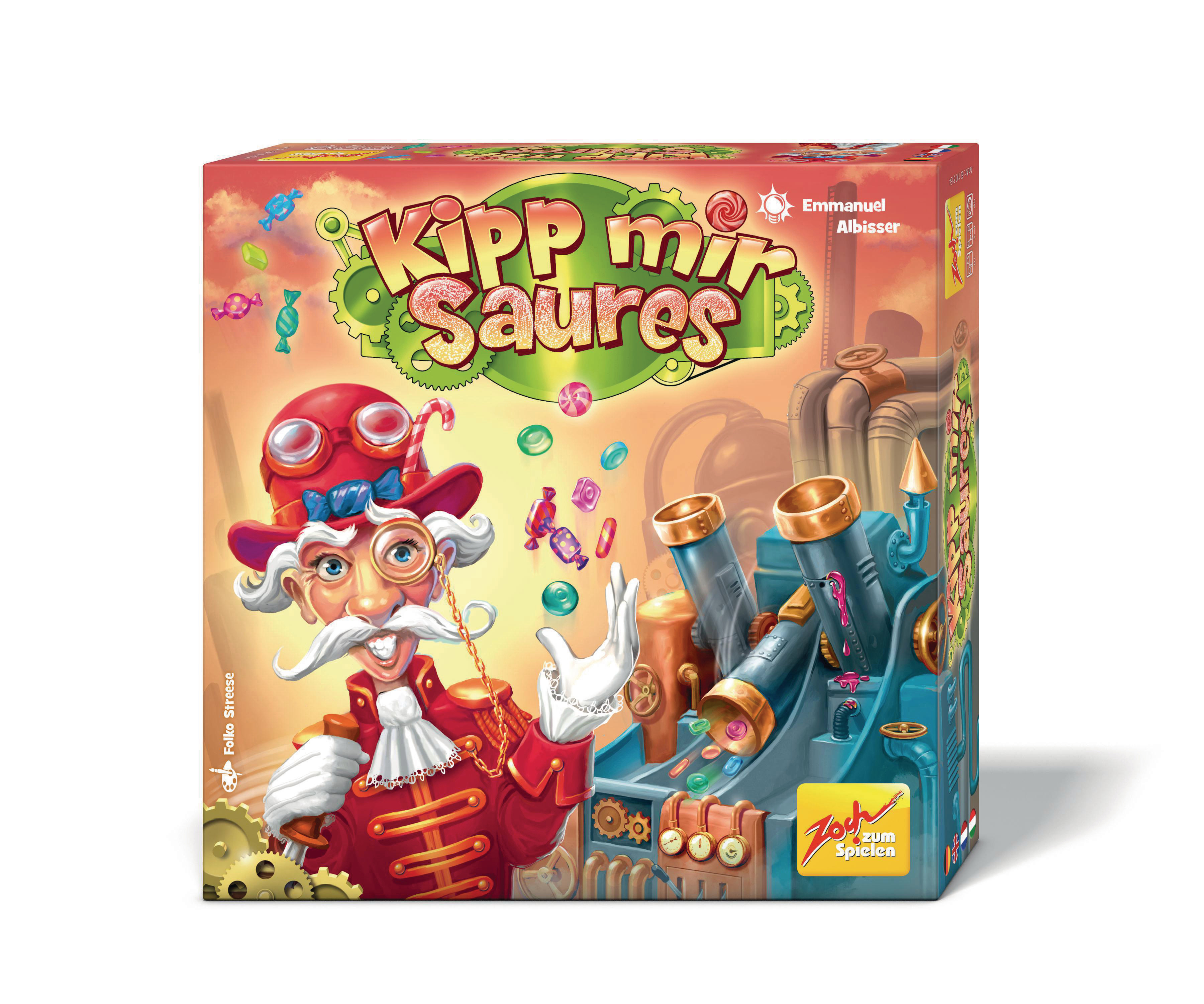 Kipp mir Saures Brettspielbox. Cartoon-Illustration eines Mannes mit Süßigkeiten und Pfeifen.