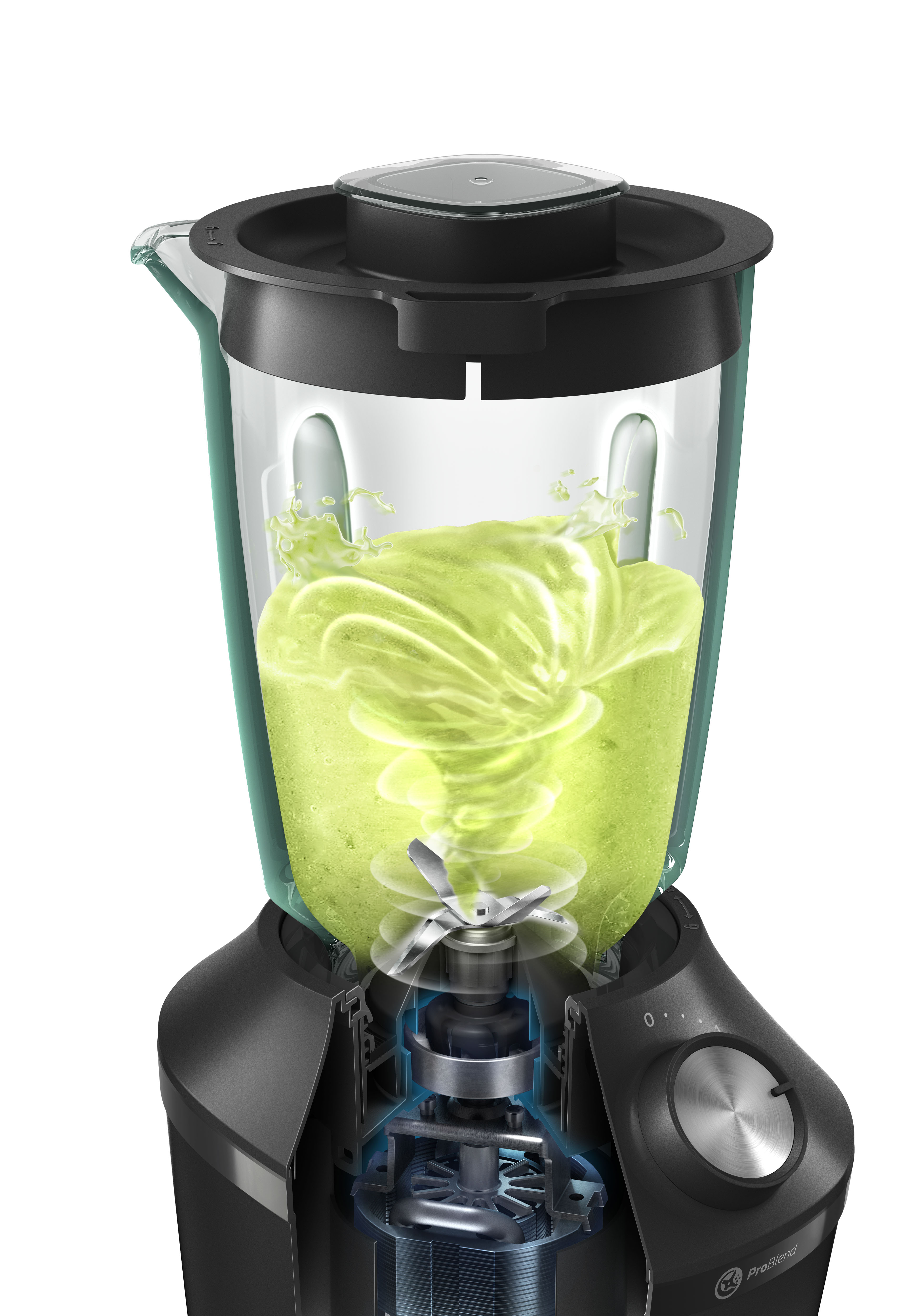 Ein Mixer mit grüner Flüssigkeit darin. Die Klinge und der Motor sind sichtbar.