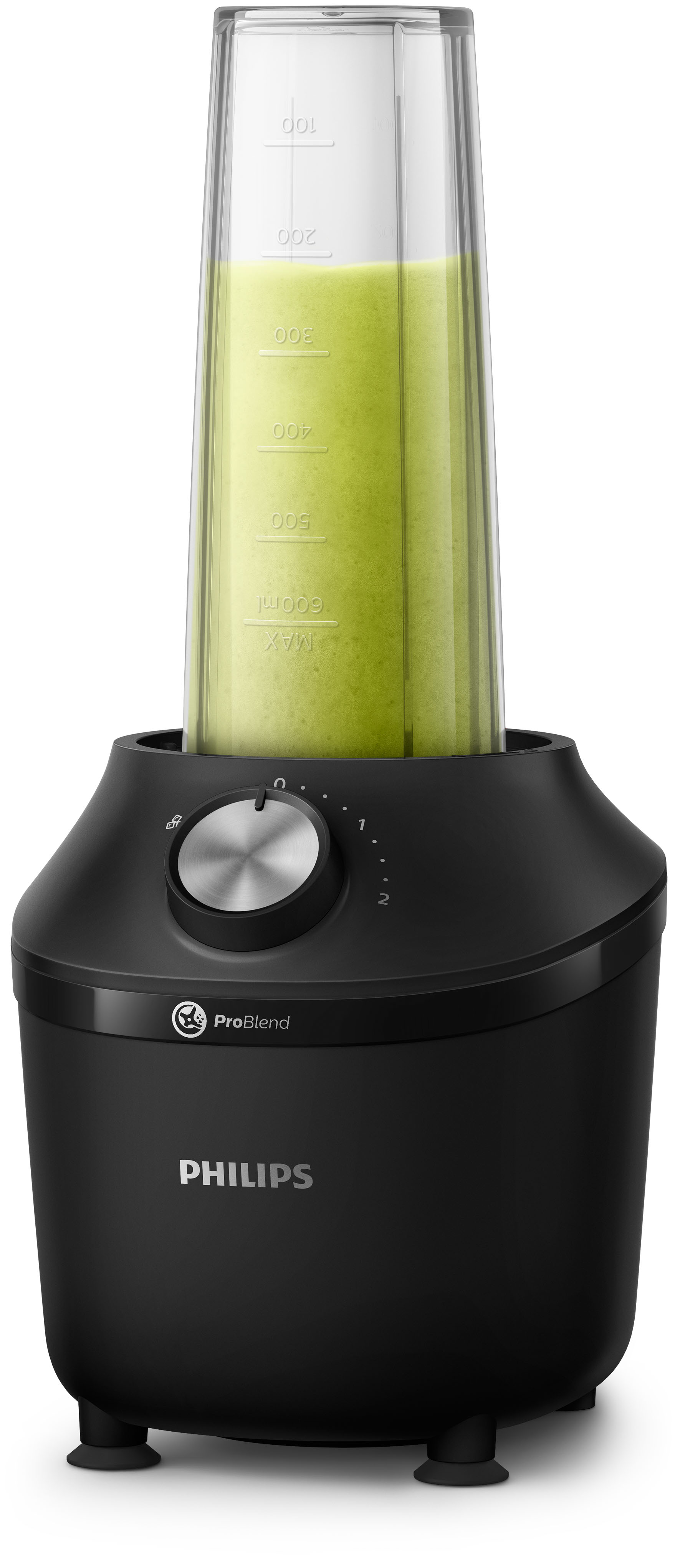 Ein schwarzer Mixer mit einem transparenten Behälter, der mit grüner Flüssigkeit gefüllt ist und Messmarkierungen aufweist.