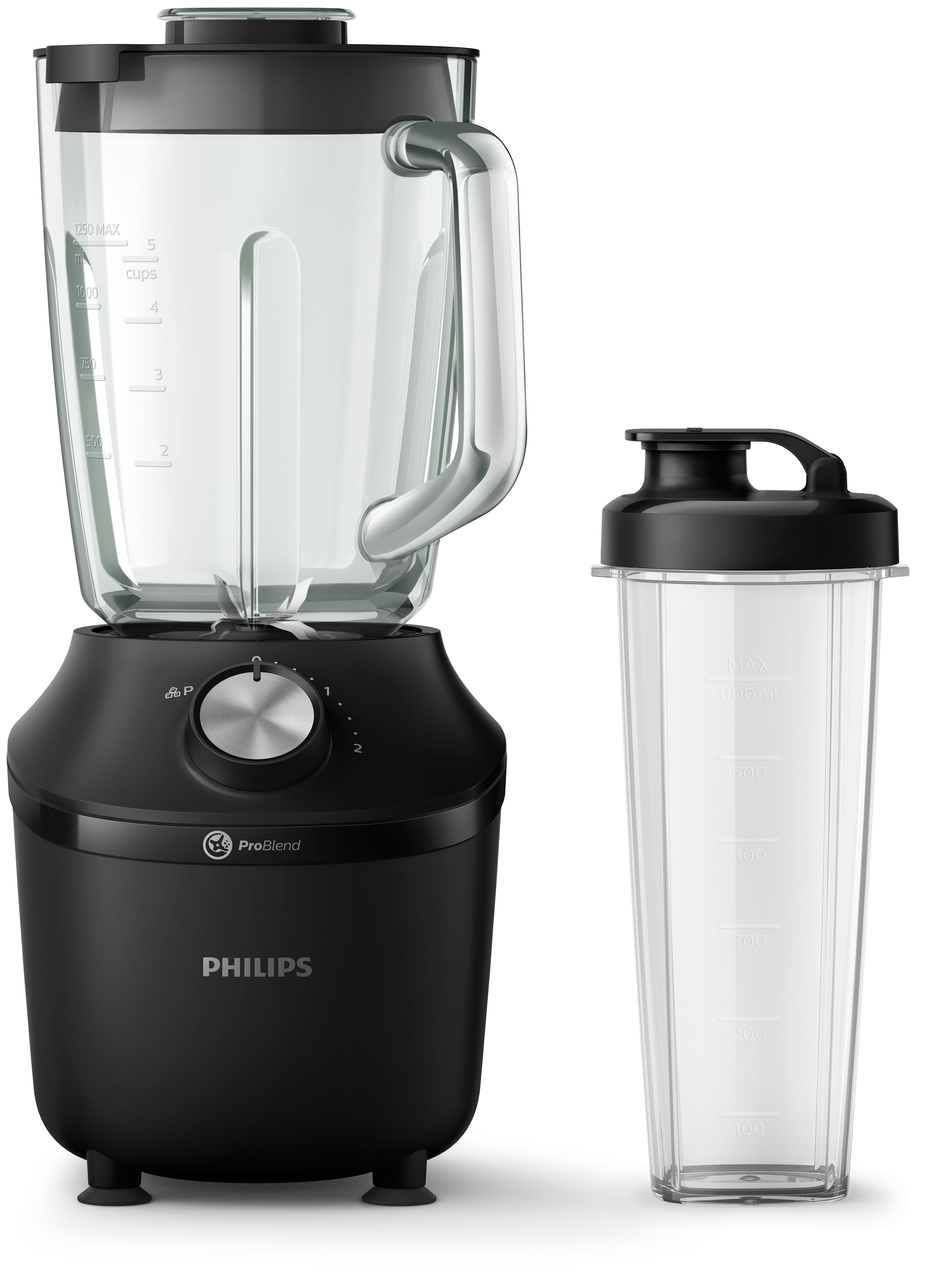 Ein schwarzer Mixer mit einem Glaskrug und einem durchsichtigen Kunststoff-Shaker auf Weiß.