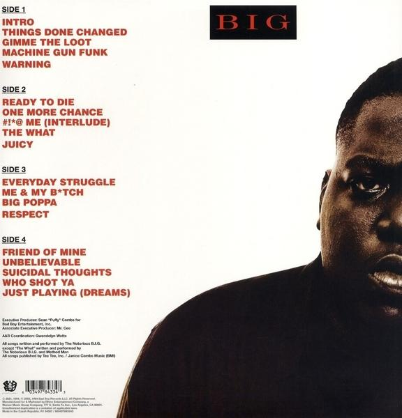 Album borító: The Notorious B.I.G., számok listája balra, előadó arca jobbra, 'BIG' cím felül.