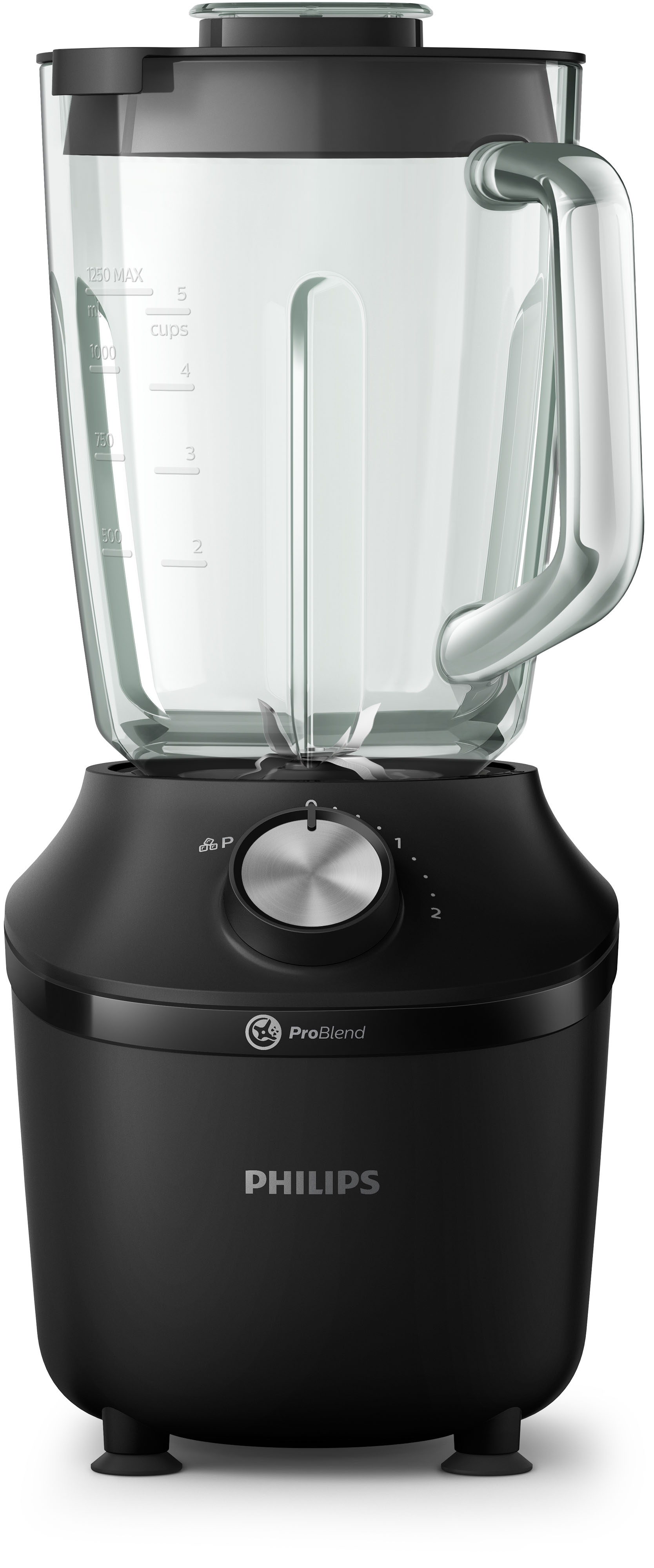 Ein schwarzer und silberner Philips ProBlend-Mixer. Er hat einen durchsichtigen Glasbehälter.