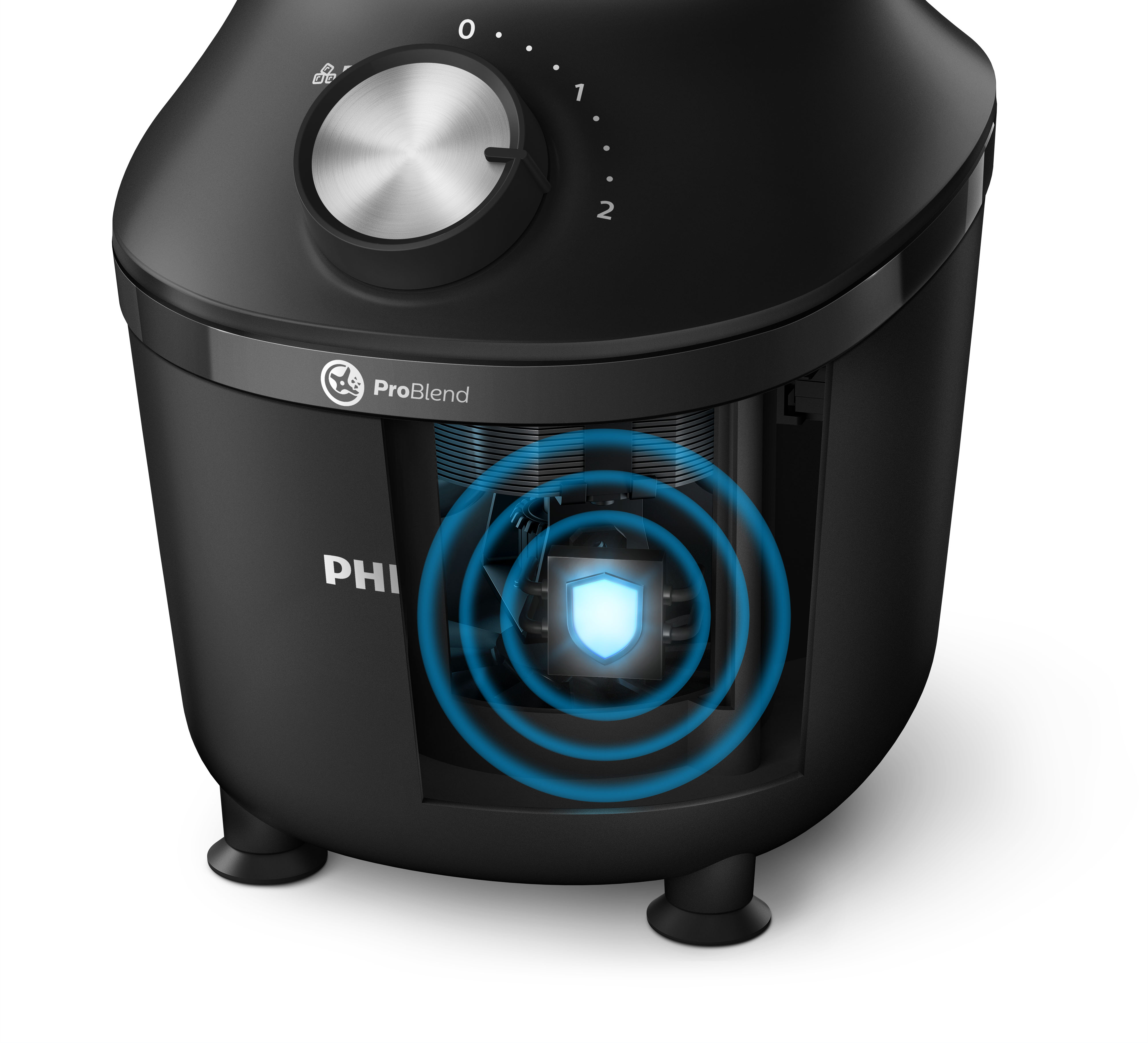 Schwarzer Mixer mit blauem Lichteffekt, der interne Teile zeigt.