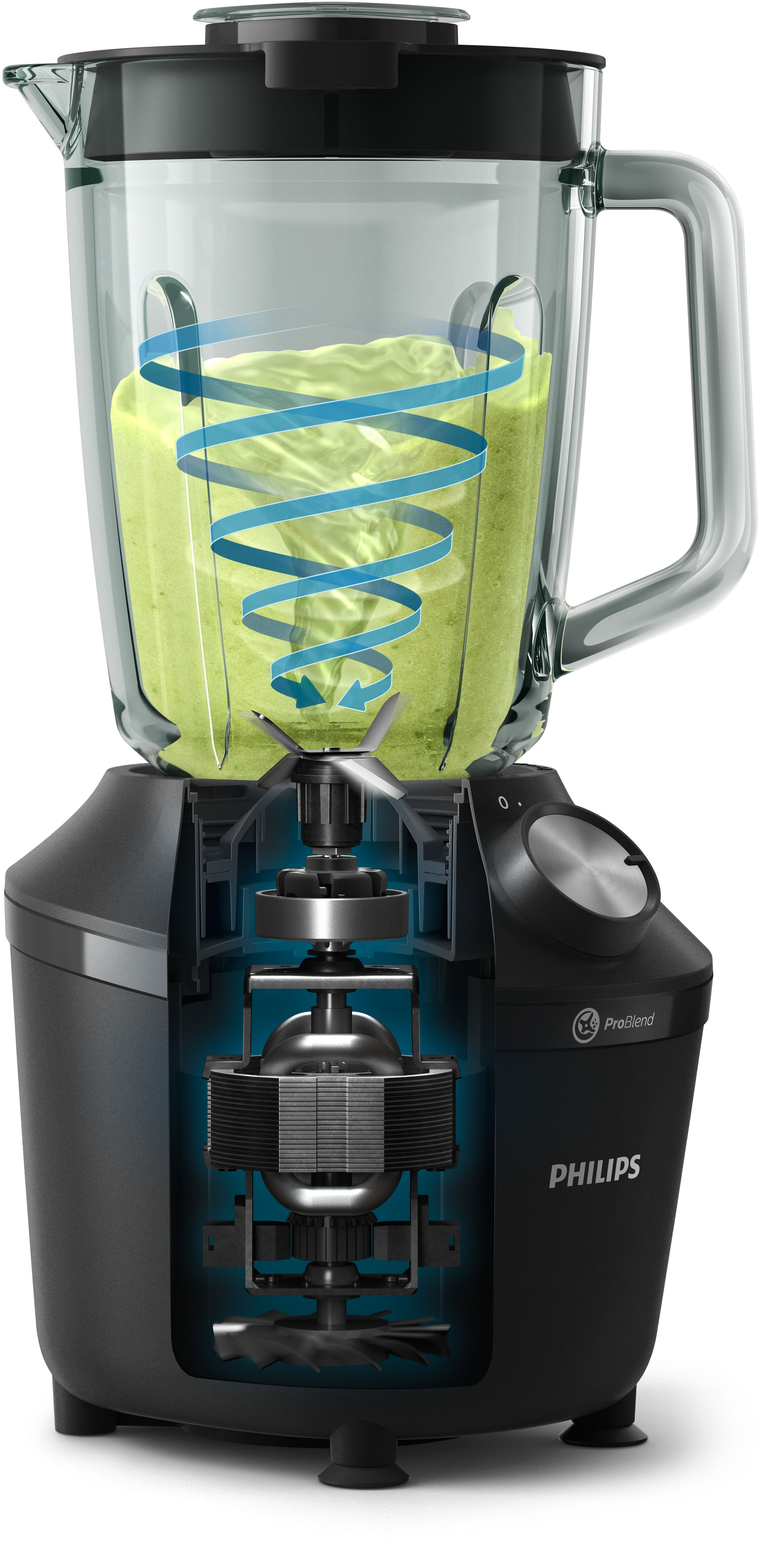 Querschnitt eines schwarzen Philips-Mixers mit Innenteilen und grüner Flüssigkeit.