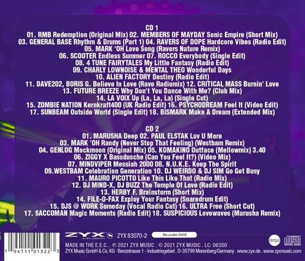 Ein CD-Cover mit Titelliste. Das Bild ist ein lila Hintergrund mit verschiedenen Textelementen.